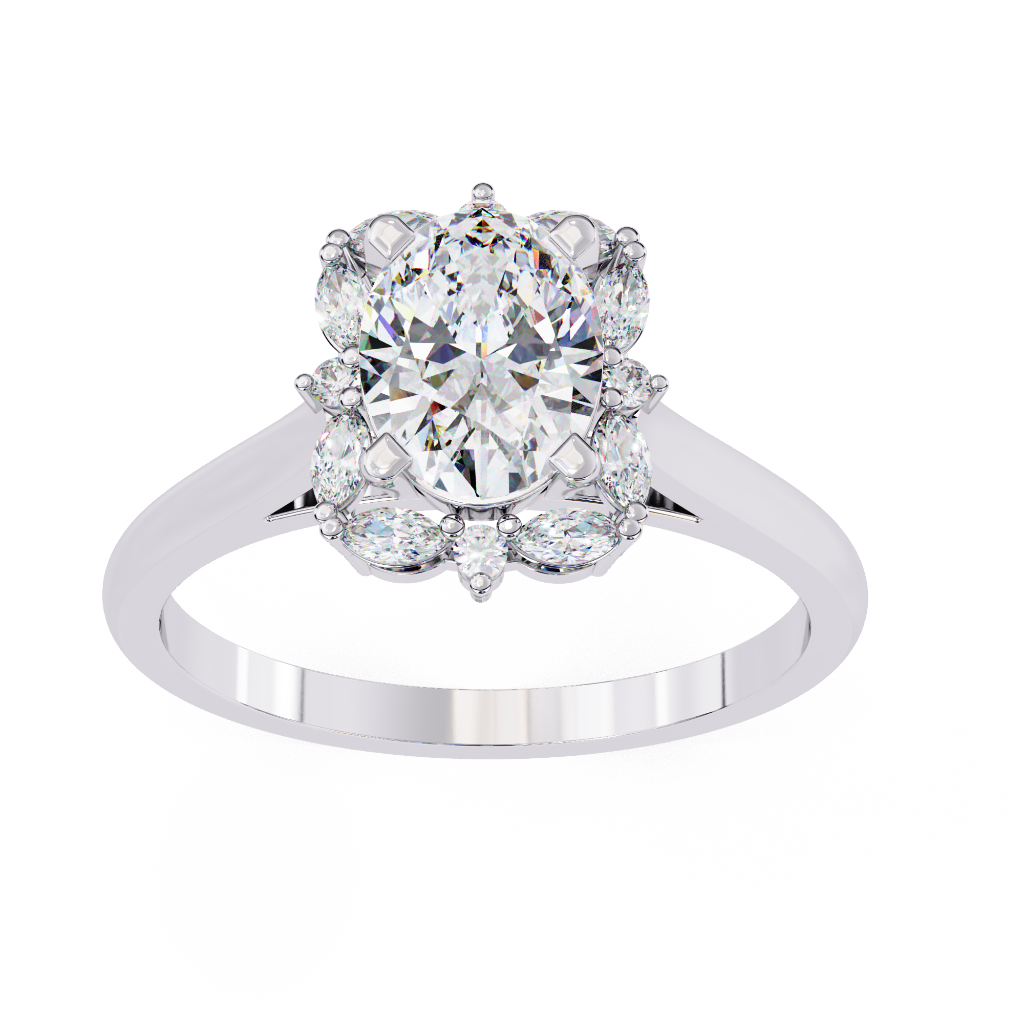 Unique Cluster Diamond Ring with Oval Center and Marquise Petals