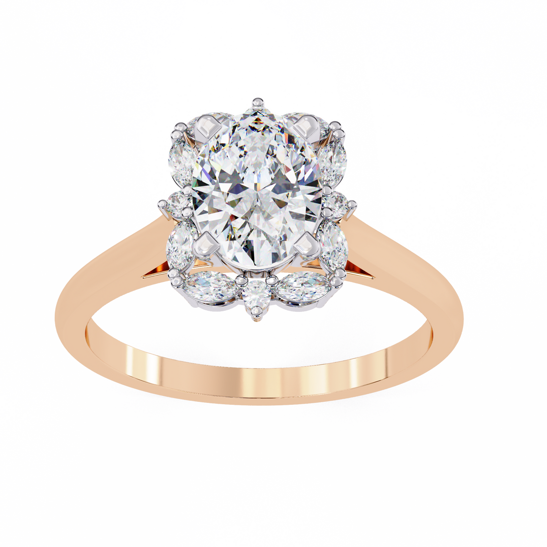 Unique Cluster Diamond Ring with Oval Center and Marquise Petals