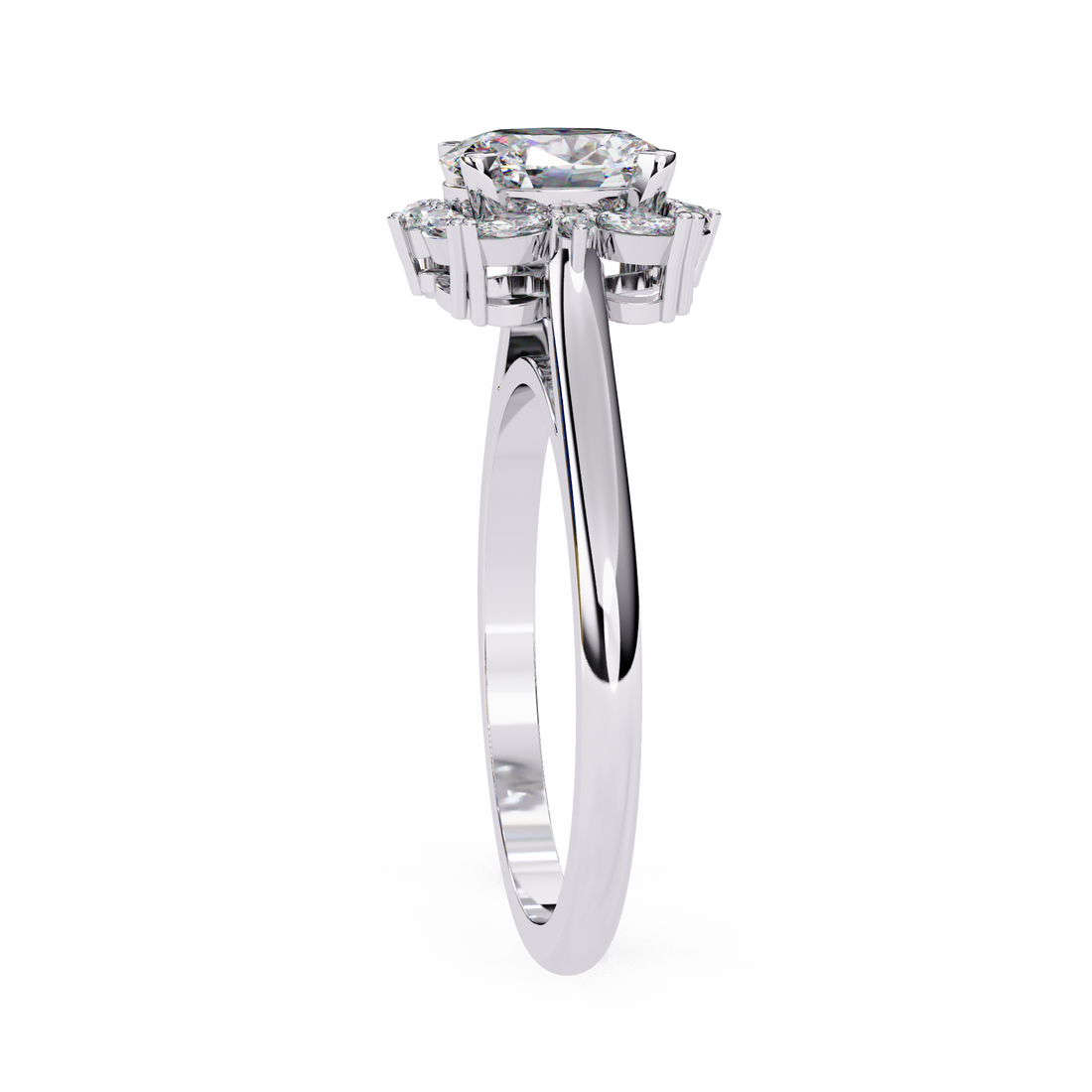 Unique Cluster Diamond Ring with Oval Center and Marquise Petals
