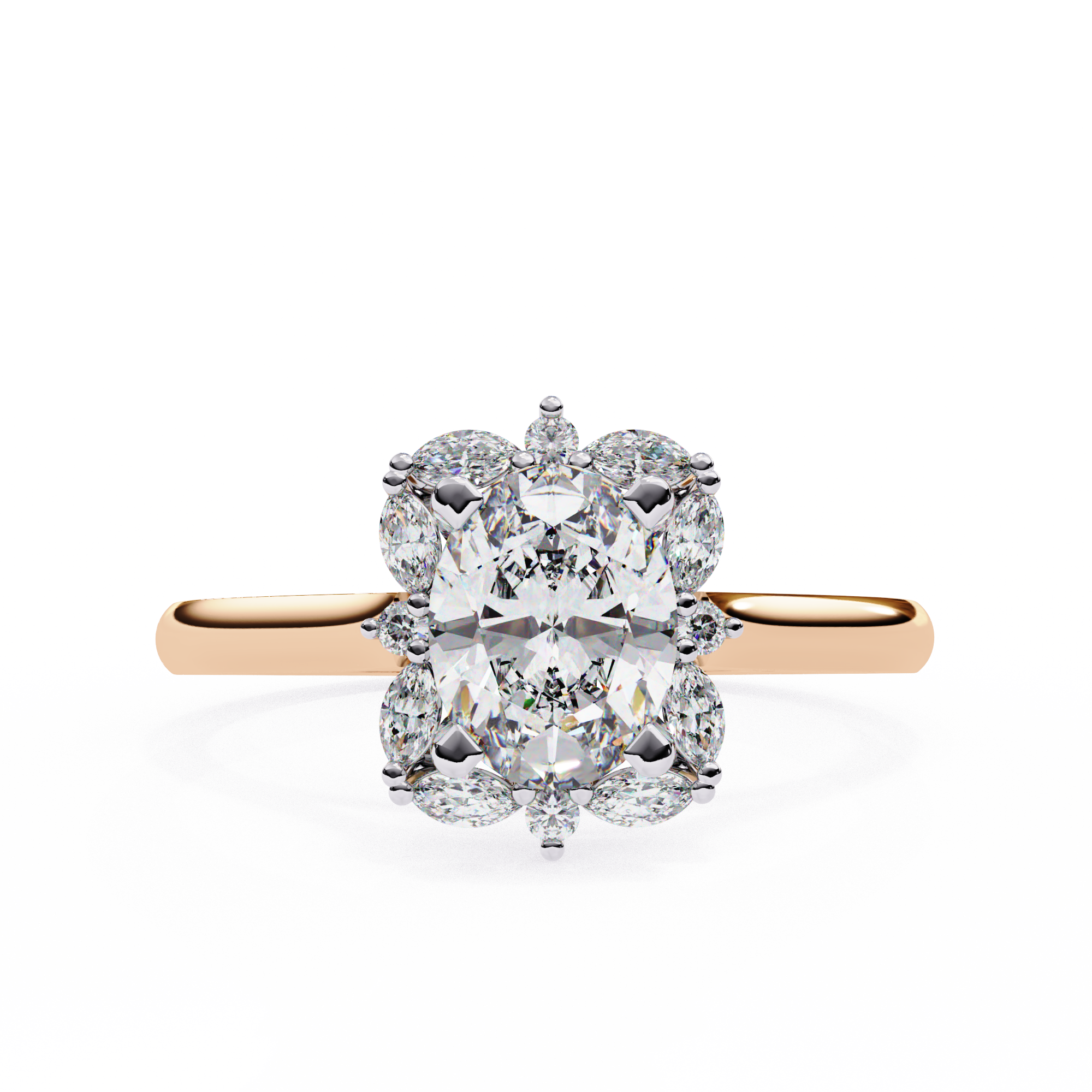 Unique Cluster Diamond Ring with Oval Center and Marquise Petals