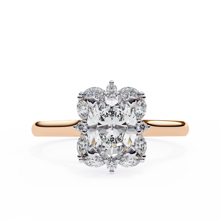 Unique Cluster Diamond Ring with Oval Center and Marquise Petals