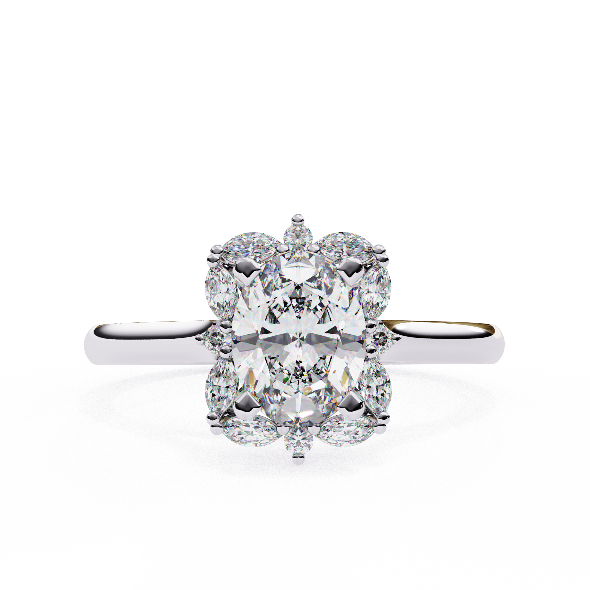 Unique Cluster Diamond Ring with Oval Center and Marquise Petals