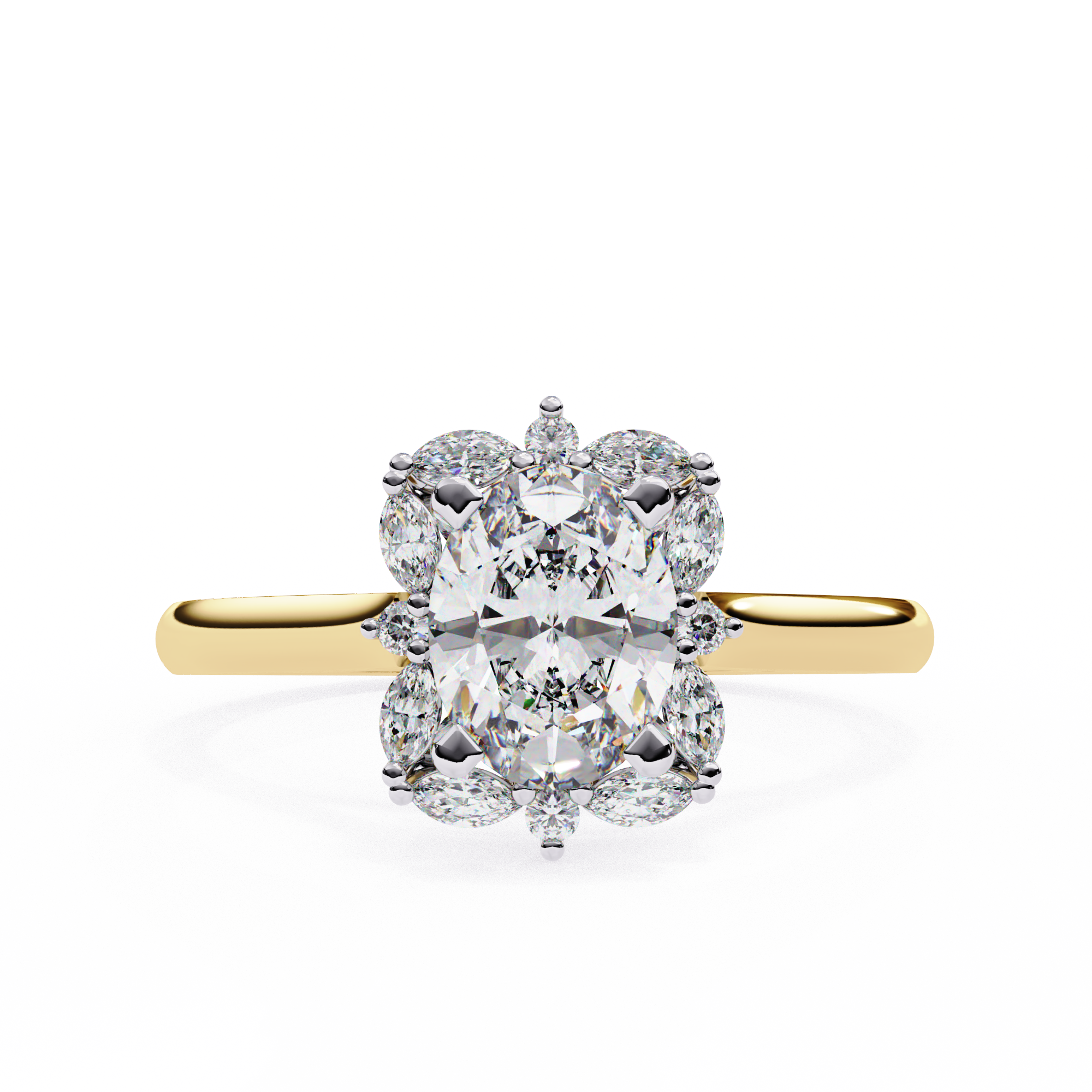 Unique Cluster Diamond Ring with Oval Center and Marquise Petals