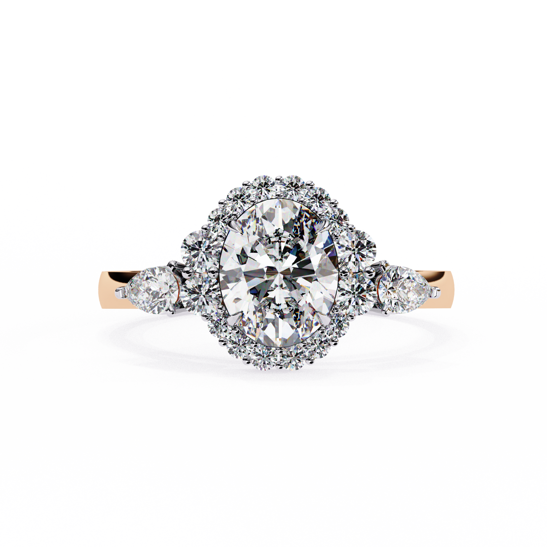 Round Halo Diamond Engagement Ring with Pear Side Diamonds