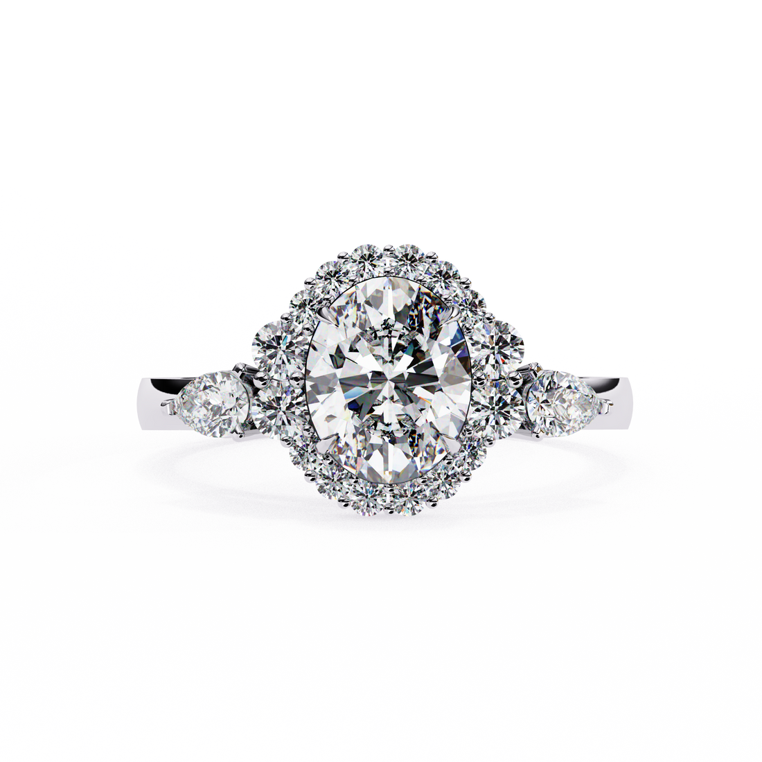 Round Halo Diamond Engagement Ring with Pear Side Diamonds