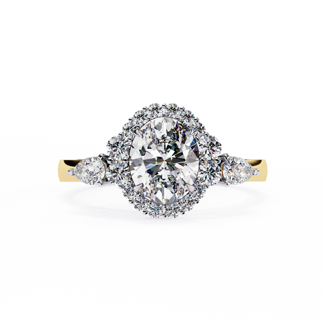 Round Halo Diamond Engagement Ring with Pear Side Diamonds