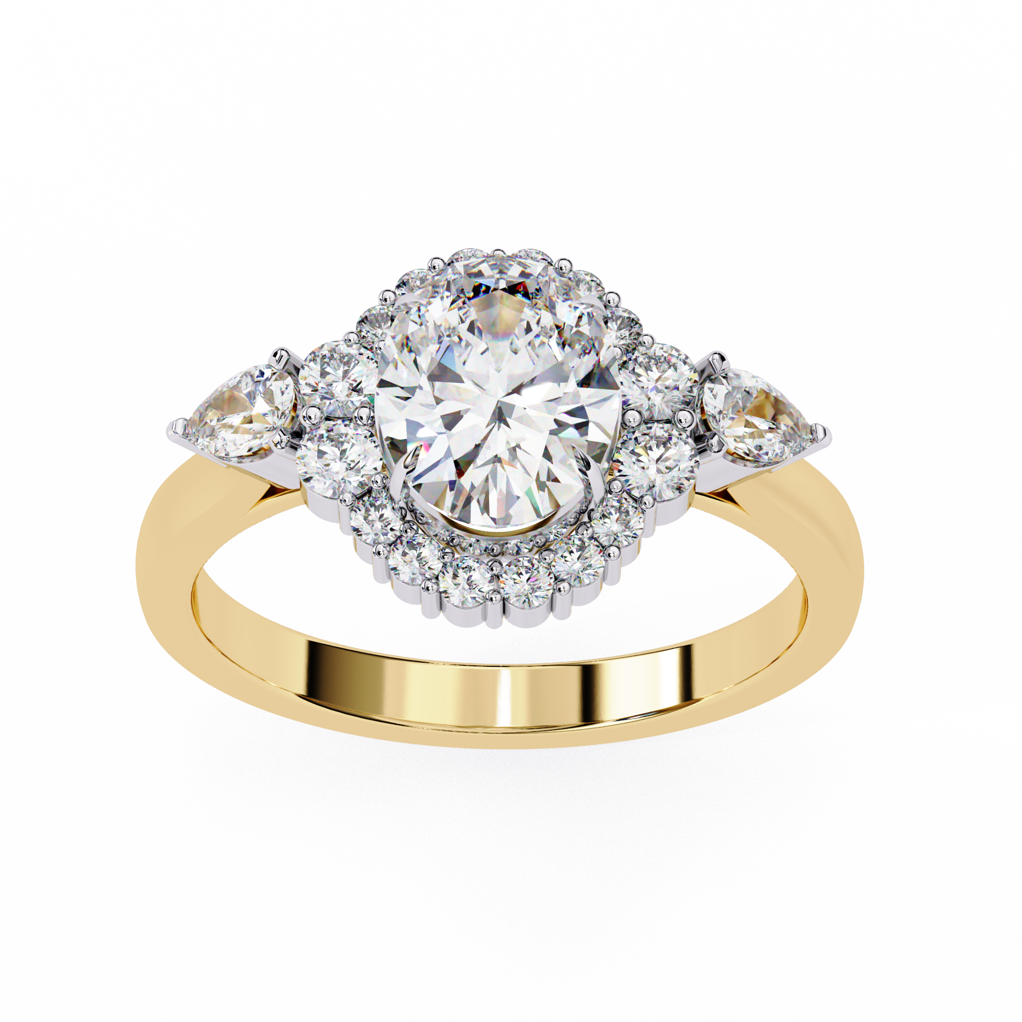 Round Halo Diamond Engagement Ring with Pear Side Diamonds