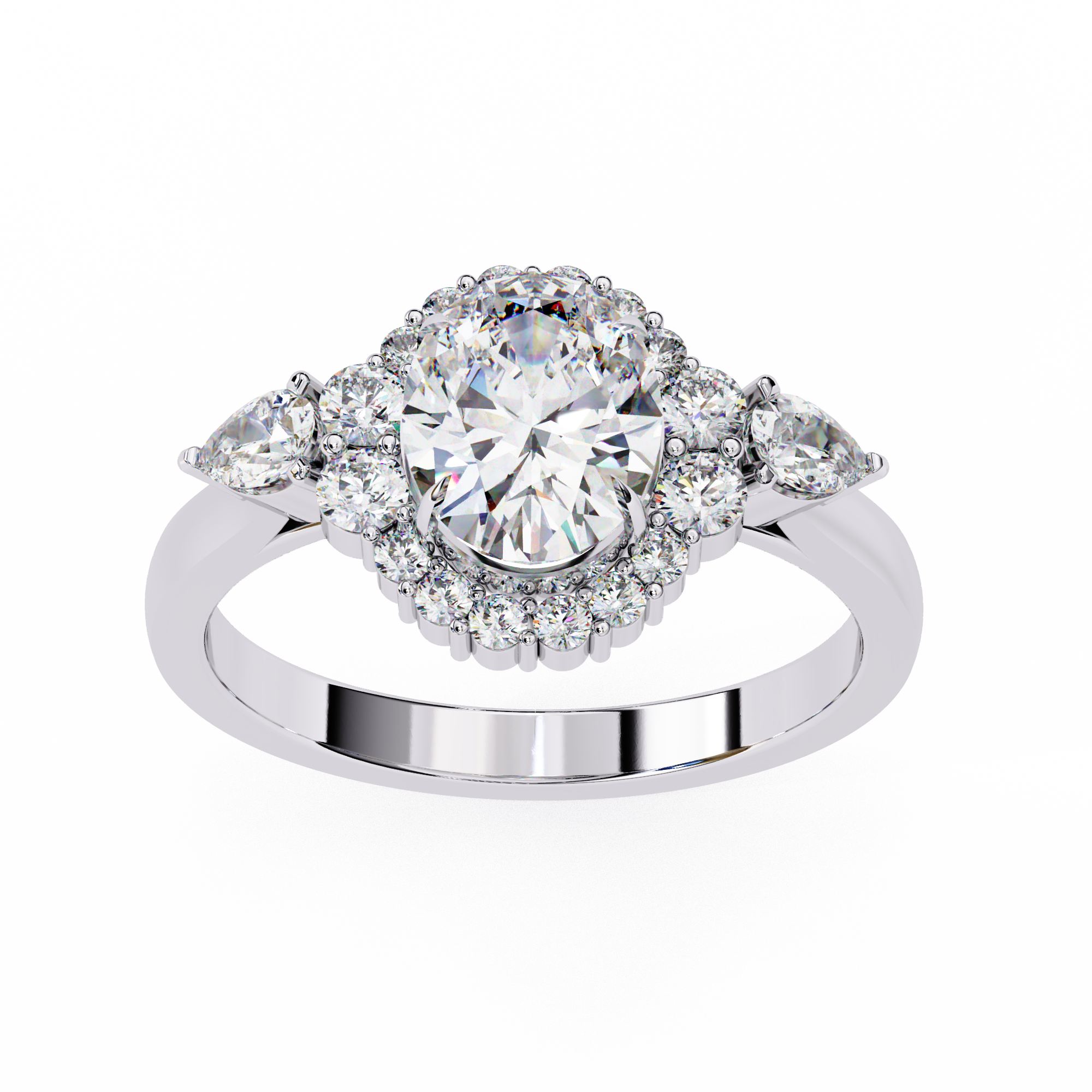 Round Halo Diamond Engagement Ring with Pear Side Diamonds