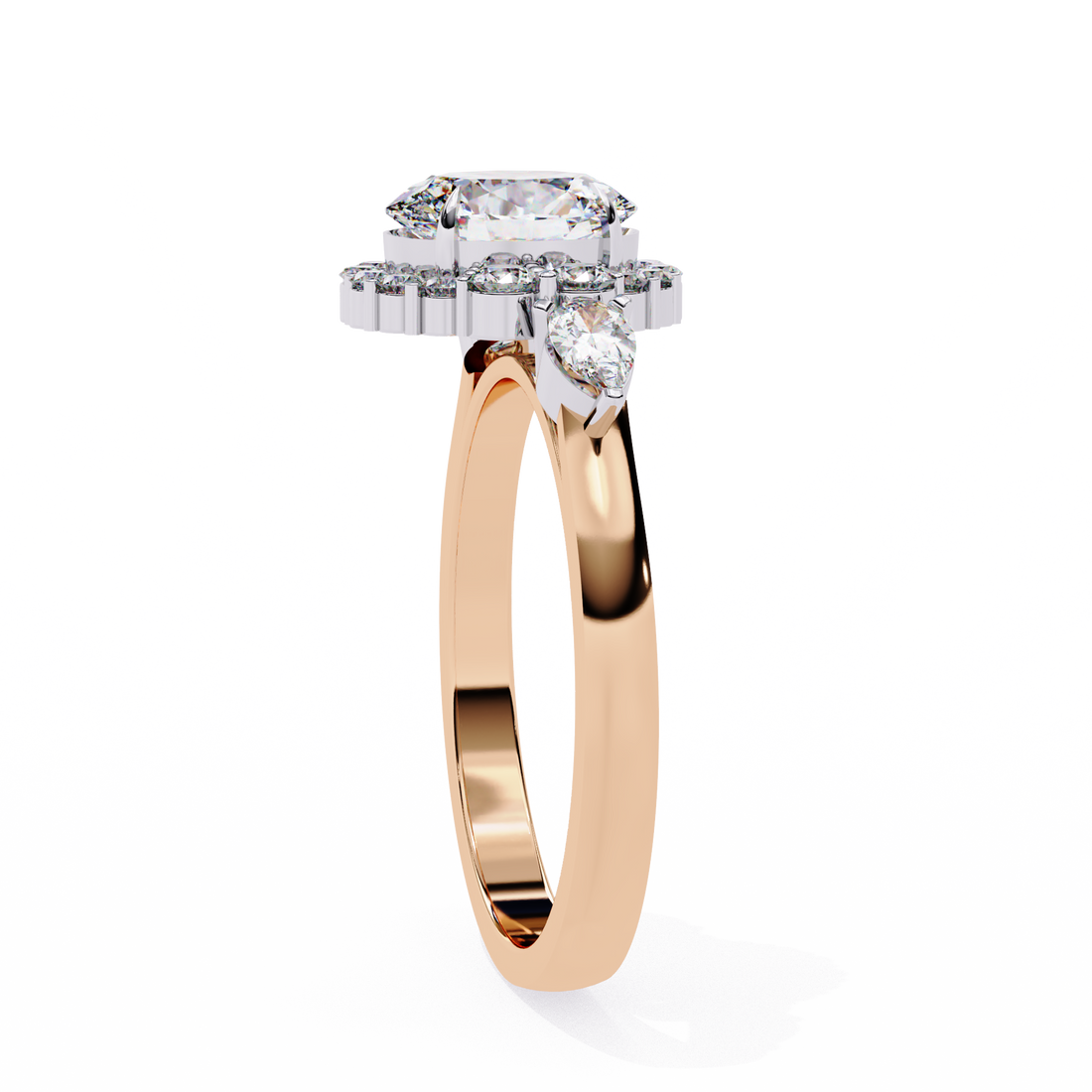 Round Halo Diamond Engagement Ring with Pear Side Diamonds