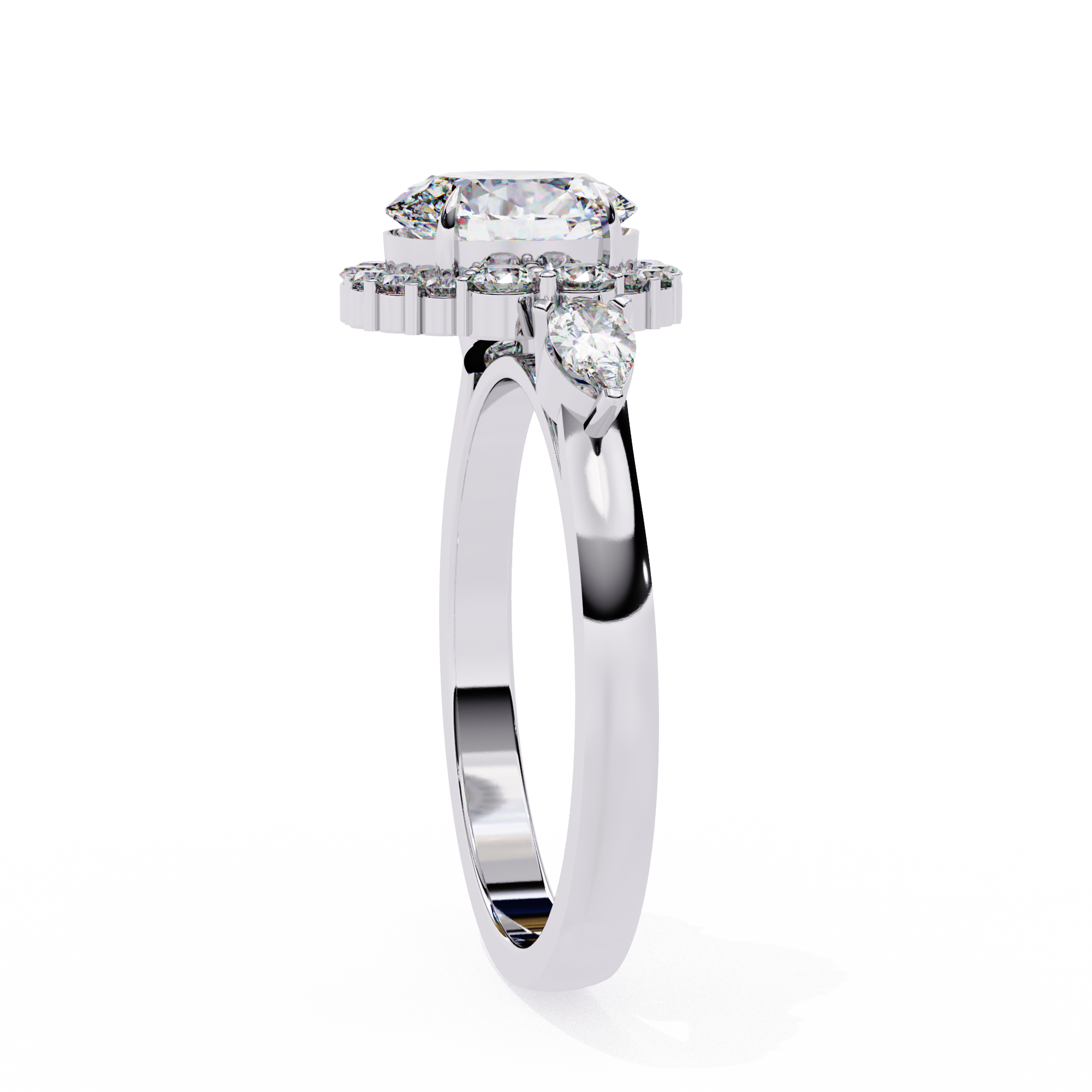 Round Halo Diamond Engagement Ring with Pear Side Diamonds