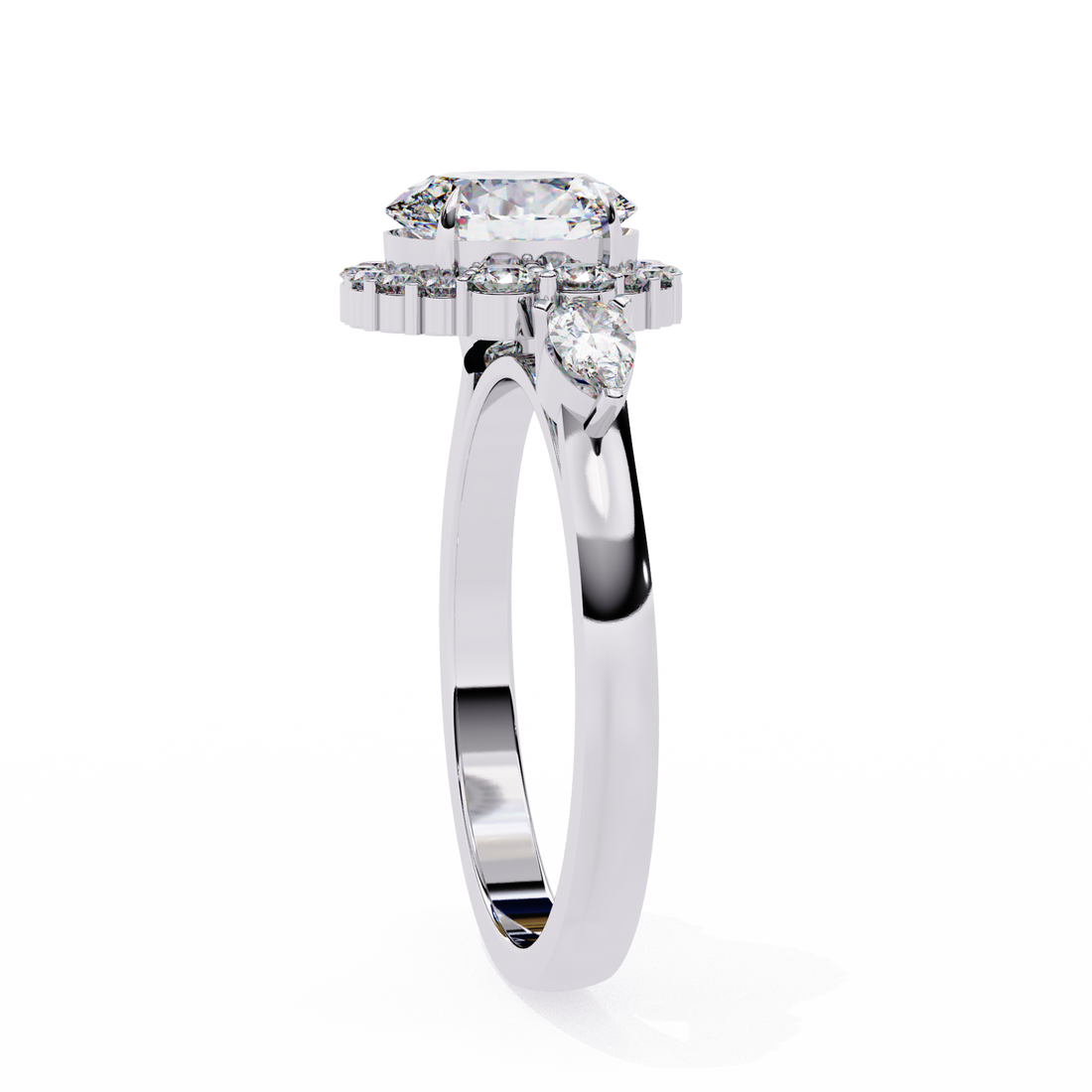 Round Halo Diamond Engagement Ring with Pear Side Diamonds