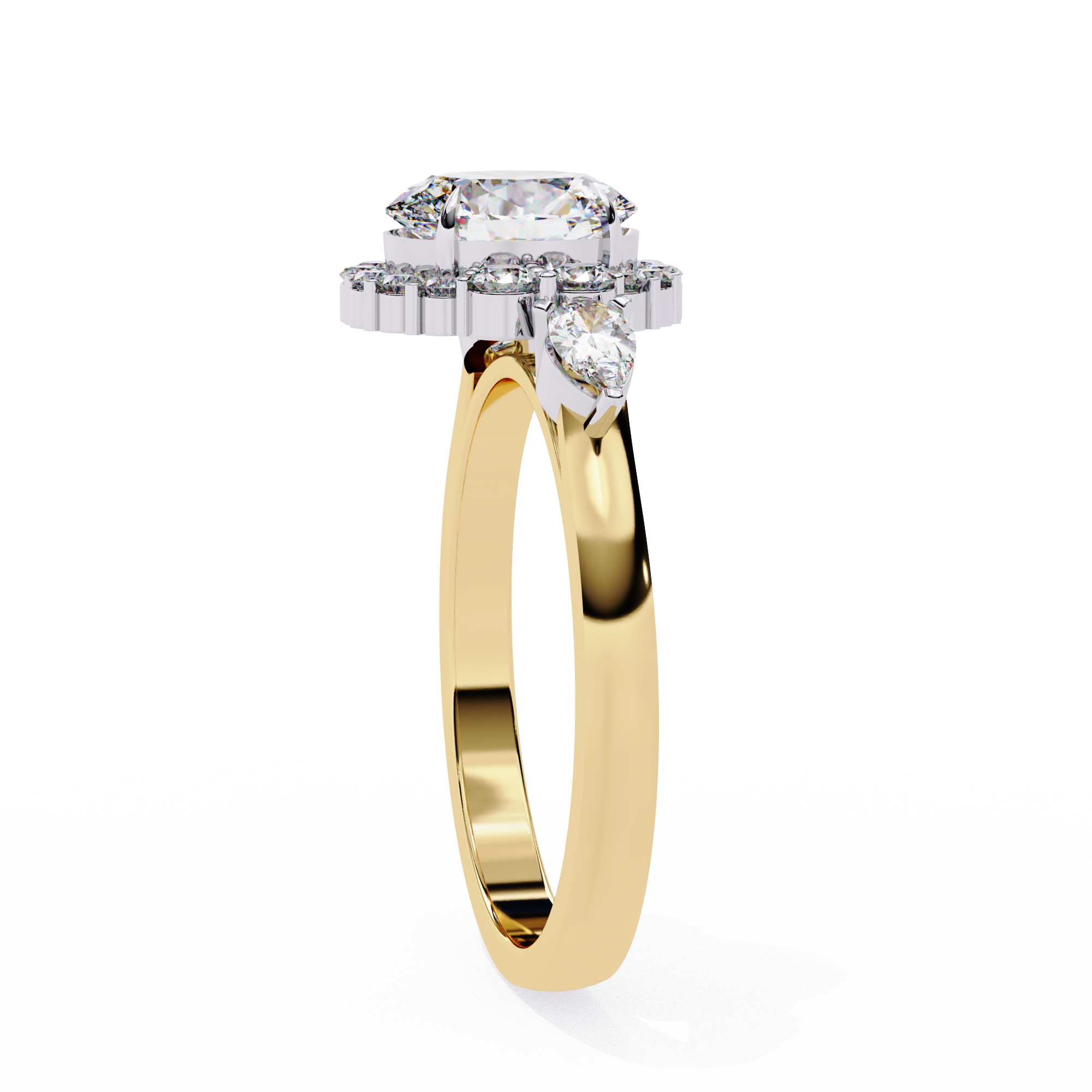 Round Halo Diamond Engagement Ring with Pear Side Diamonds