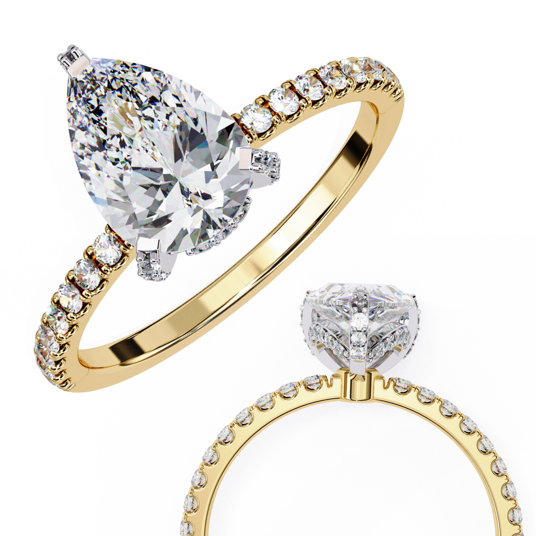 Classic Pear Shaped Diamond Ring with Pave Band