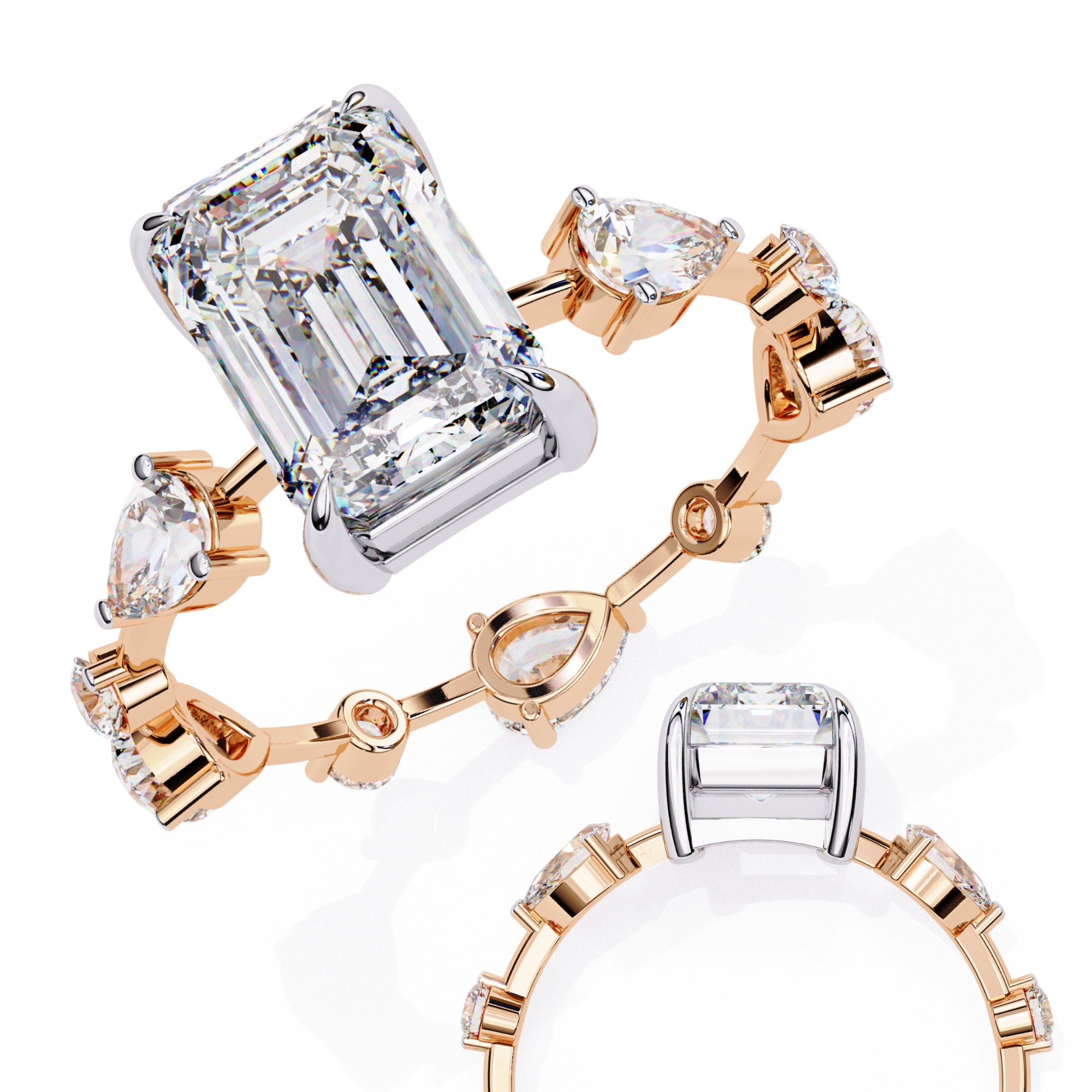 Emerald Cut Lab Grown Diamond Ring with Pear and Round Side Stones