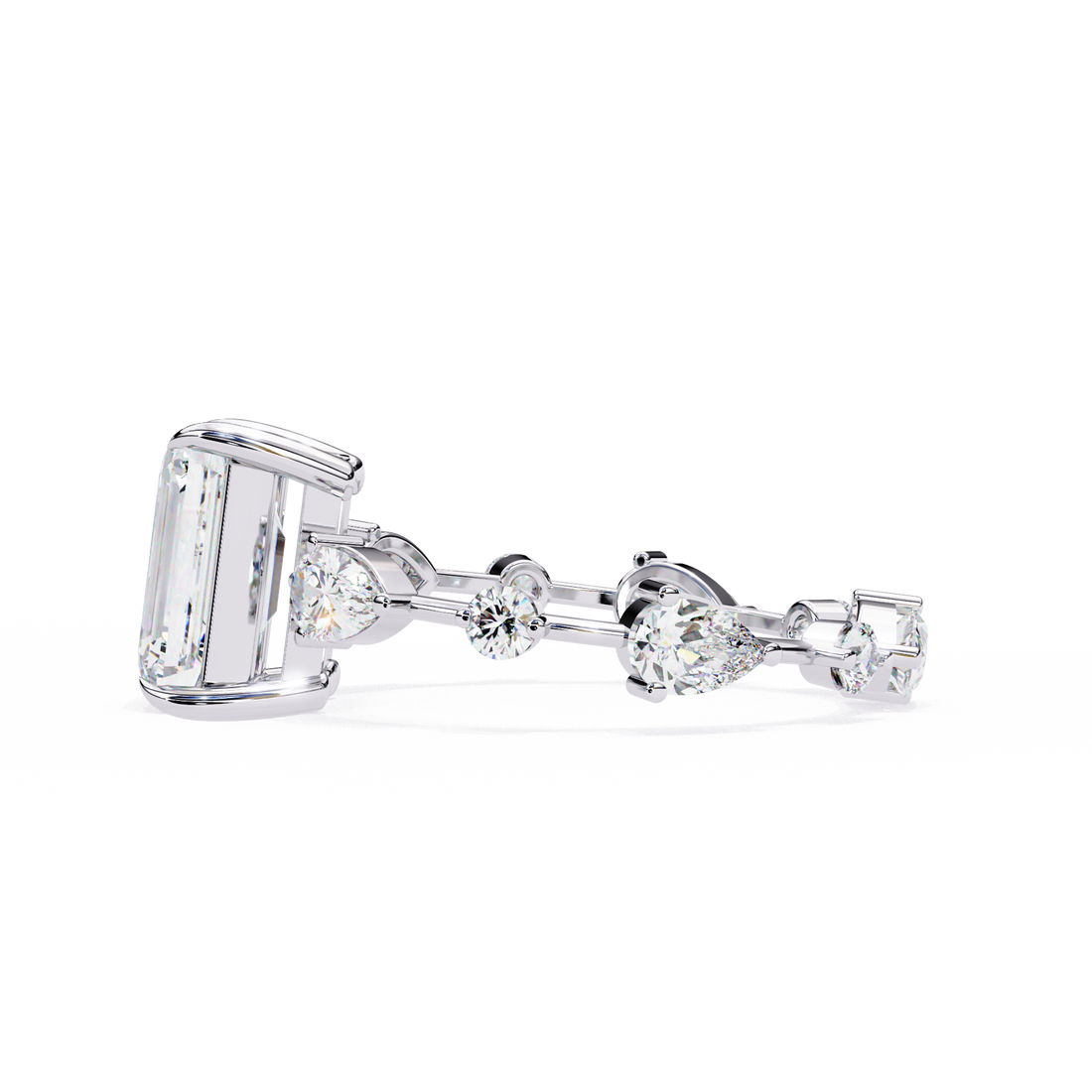 Emerald Cut Lab Grown Diamond Ring with Pear and Round Side Stones