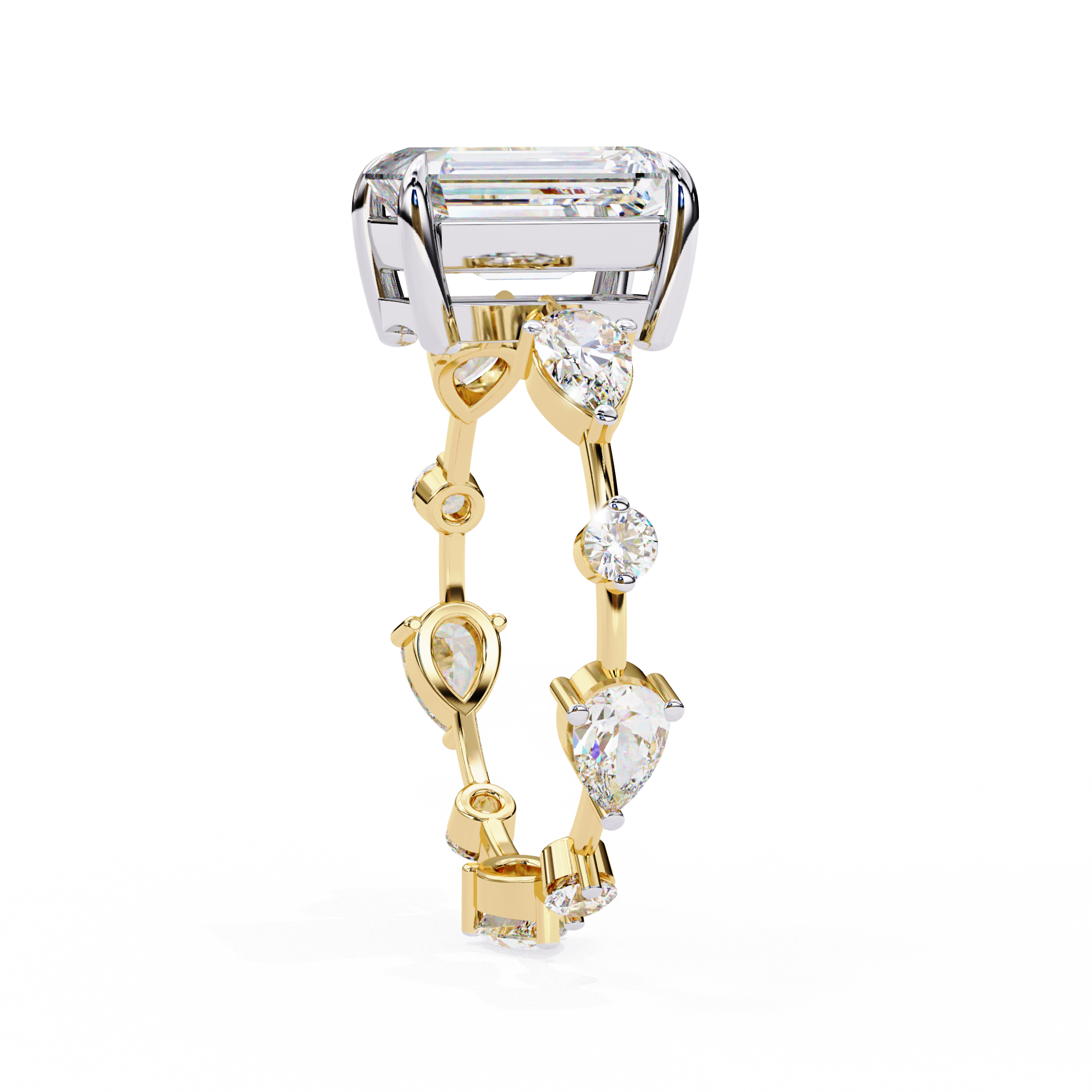 Emerald Cut Lab Grown Diamond Ring with Pear and Round Side Stones