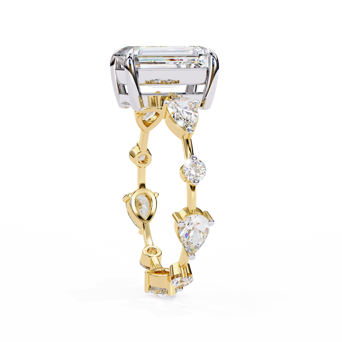 Emerald Cut Lab Grown Diamond Ring with Pear and Round Side Stones