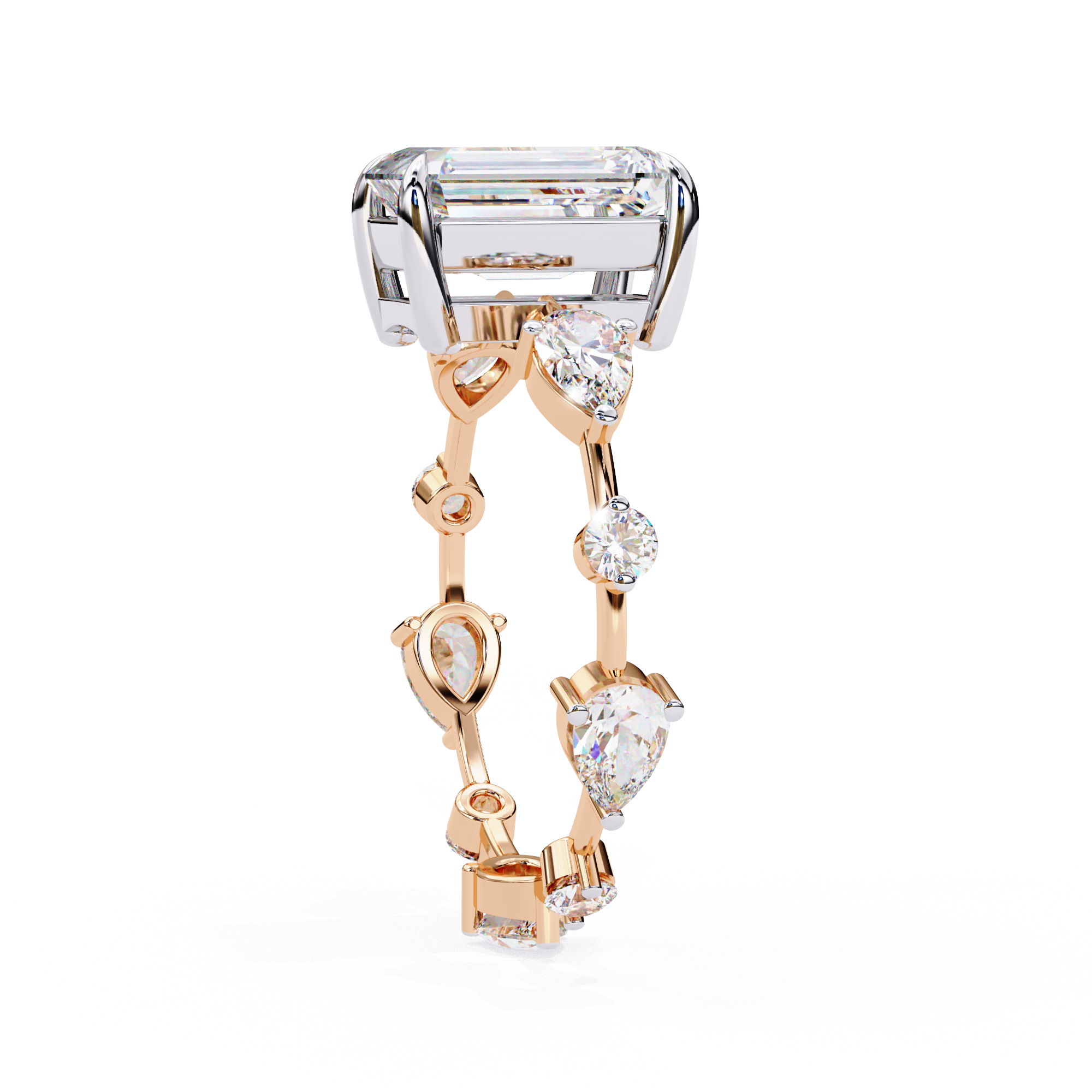 Emerald Cut Lab Grown Diamond Ring with Pear and Round Side Stones