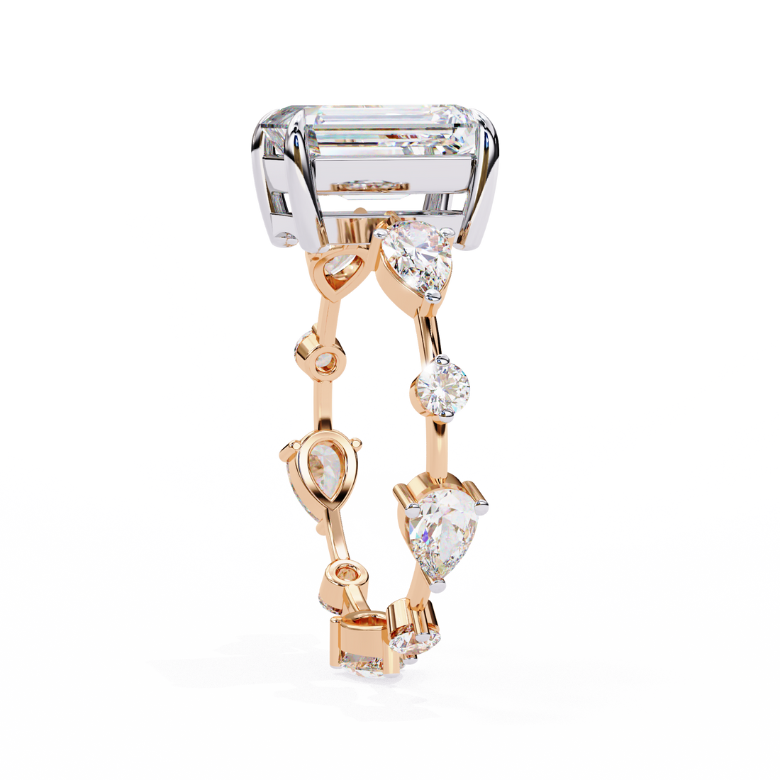 Emerald Cut Lab Grown Diamond Ring with Pear and Round Side Stones