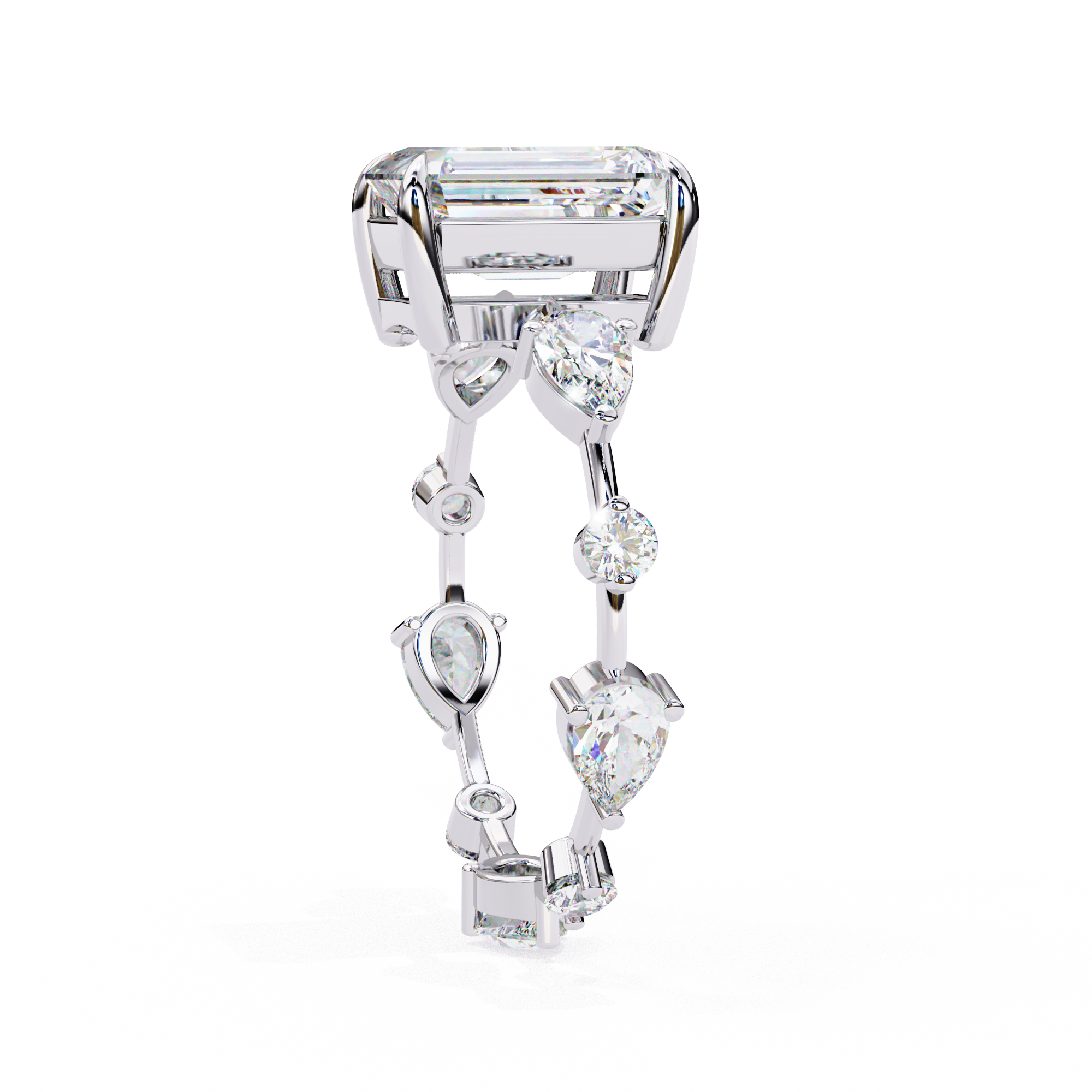 Emerald Cut Lab Grown Diamond Ring with Pear and Round Side Stones