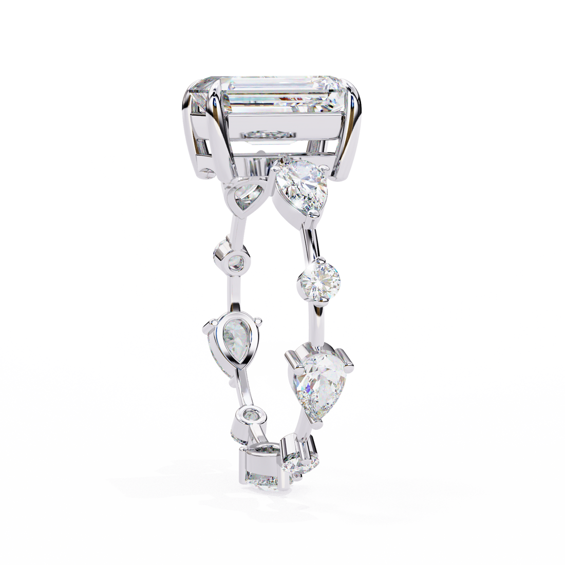 Emerald Cut Lab Grown Diamond Ring with Pear and Round Side Stones