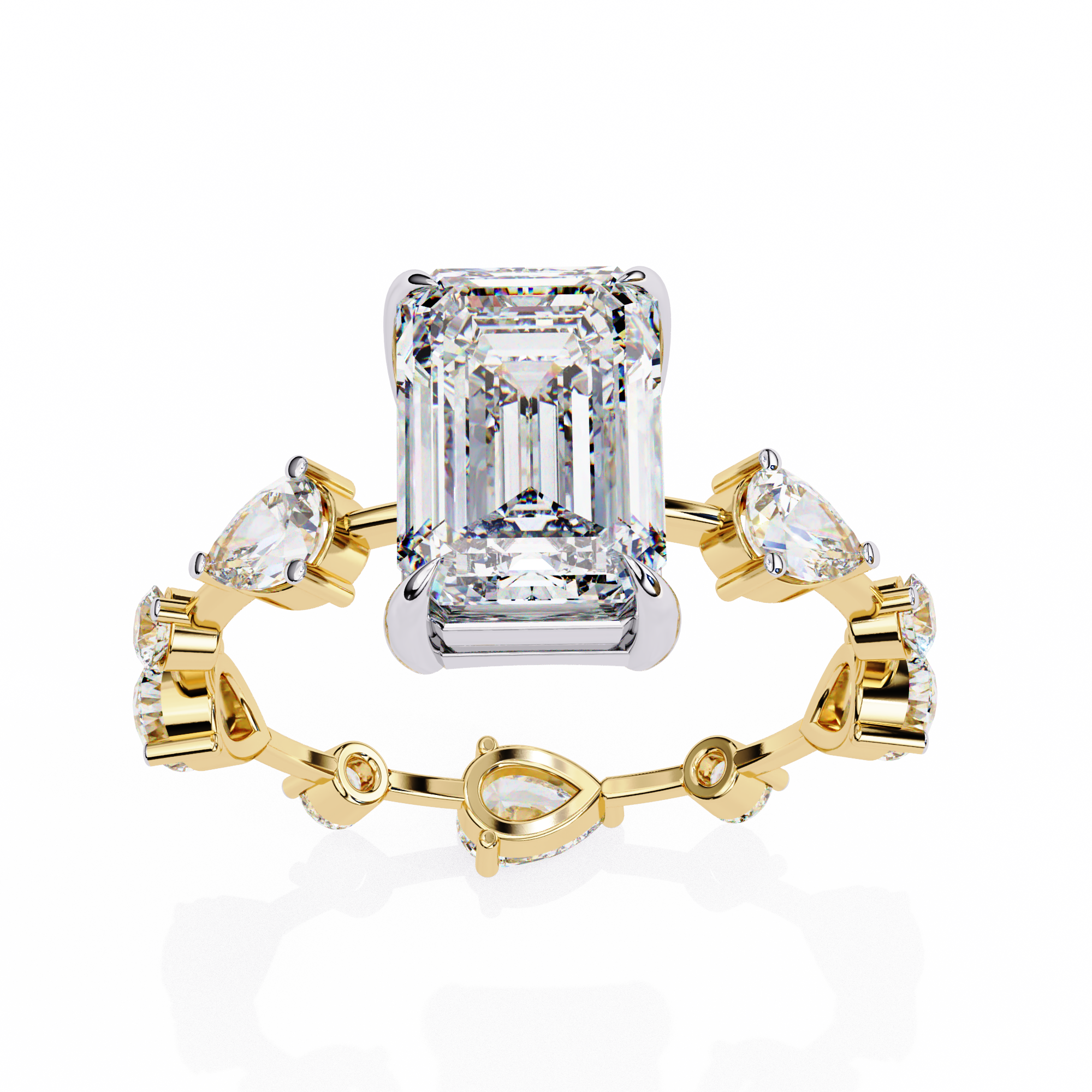 Emerald Cut Lab Grown Diamond Ring with Pear and Round Side Stones