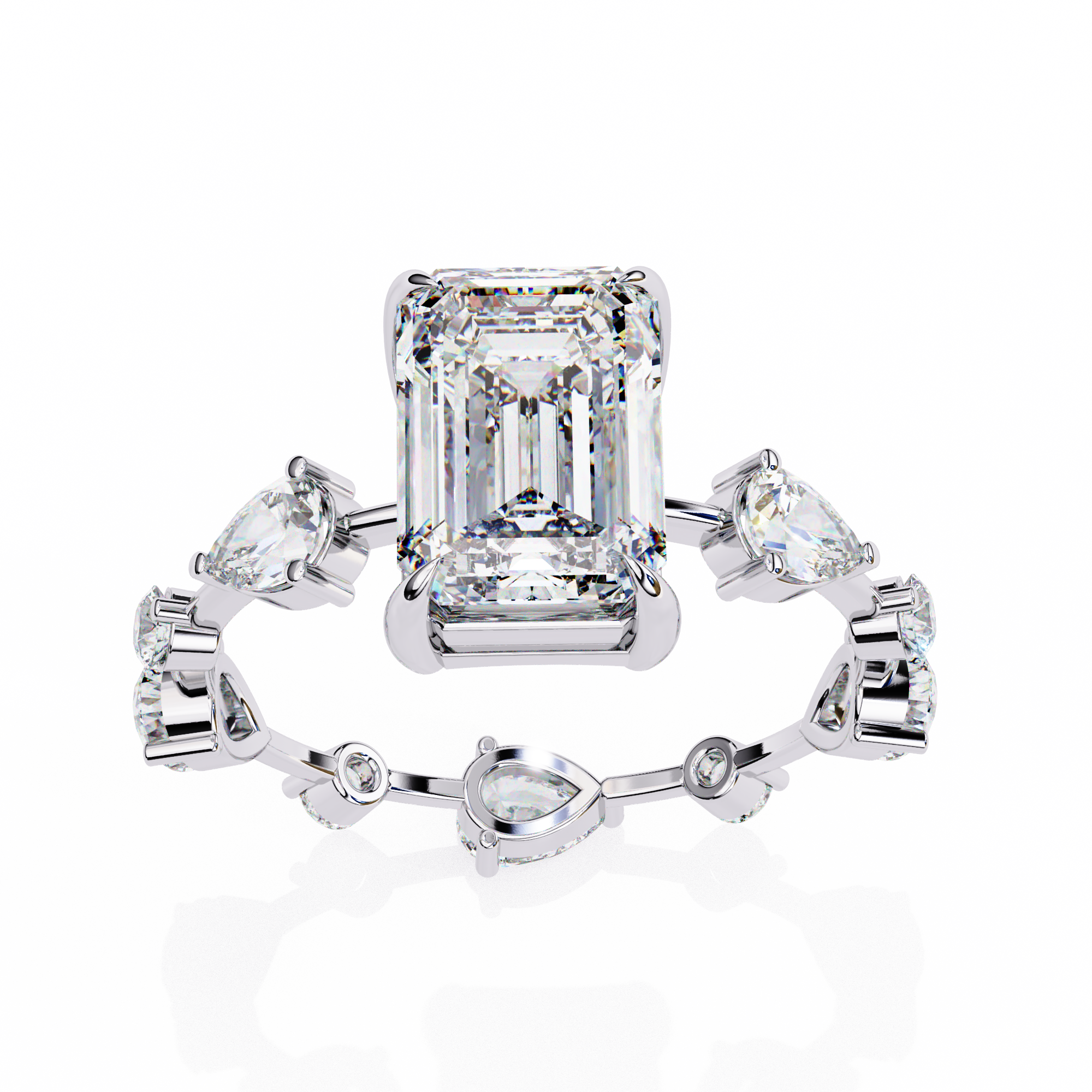 Emerald Cut Lab Grown Diamond Ring with Pear and Round Side Stones