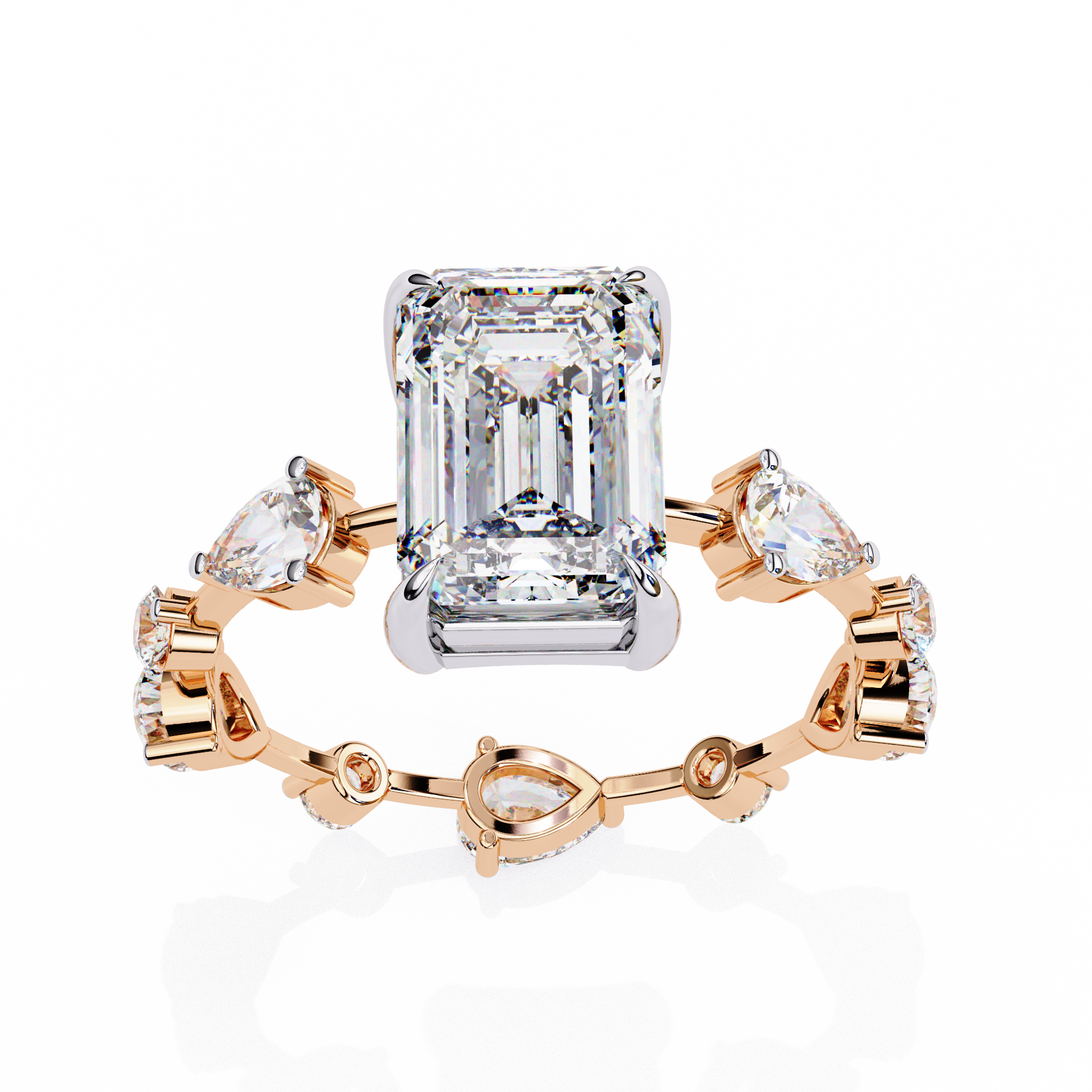 Emerald Cut Lab Grown Diamond Ring with Pear and Round Side Stones