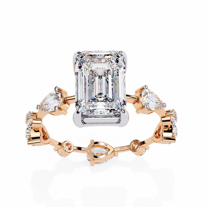 Emerald Cut Lab Grown Diamond Ring with Pear and Round Side Stones