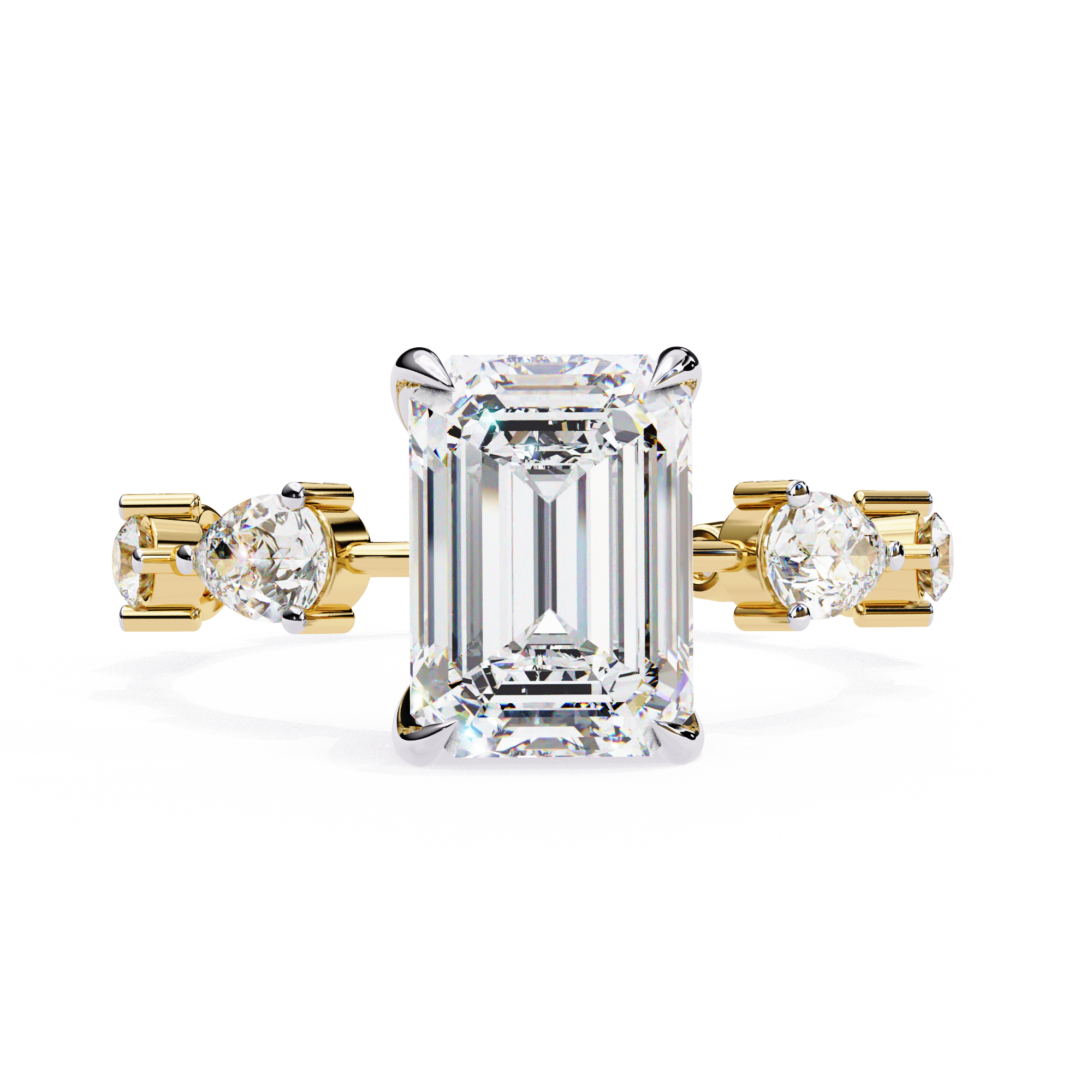 Emerald Cut Lab Grown Diamond Ring with Pear and Round Side Stones