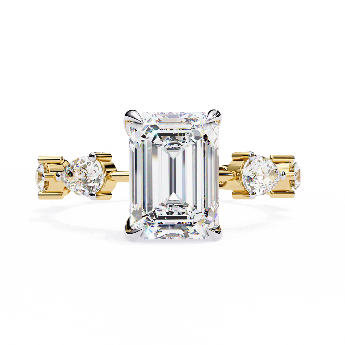 Emerald Cut Lab Grown Diamond Ring with Pear and Round Side Stones