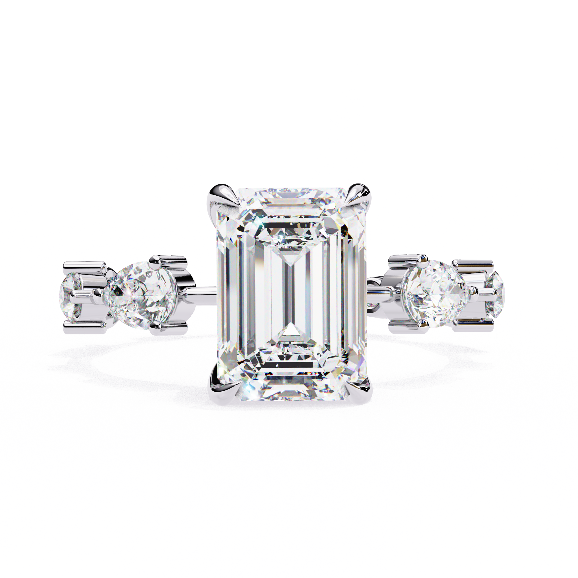 Emerald Cut Lab Grown Diamond Ring with Pear and Round Side Stones
