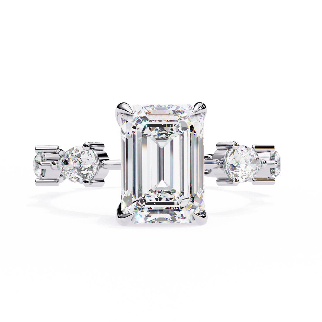 Emerald Cut Lab Grown Diamond Ring with Pear and Round Side Stones
