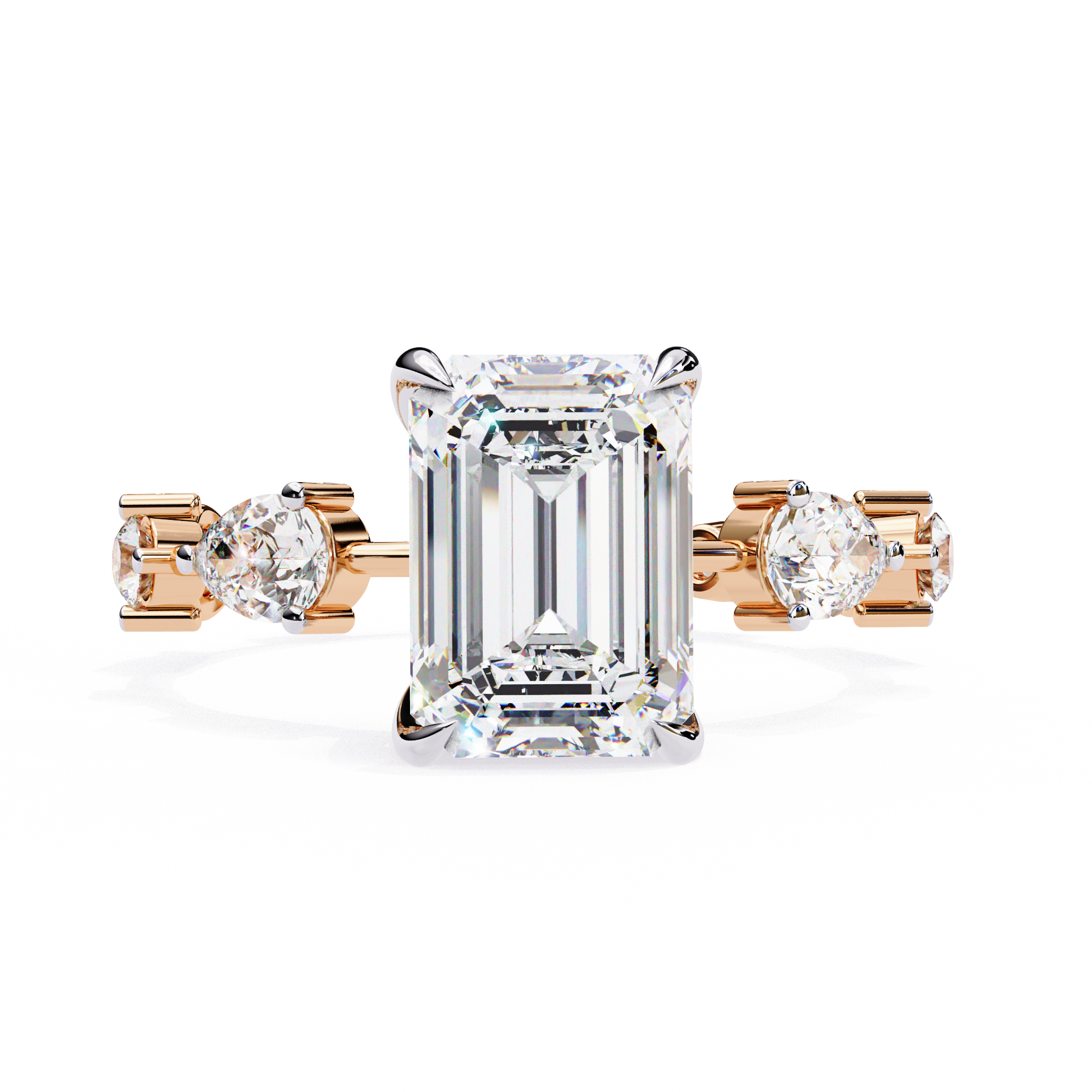 Emerald Cut Lab Grown Diamond Ring with Pear and Round Side Stones