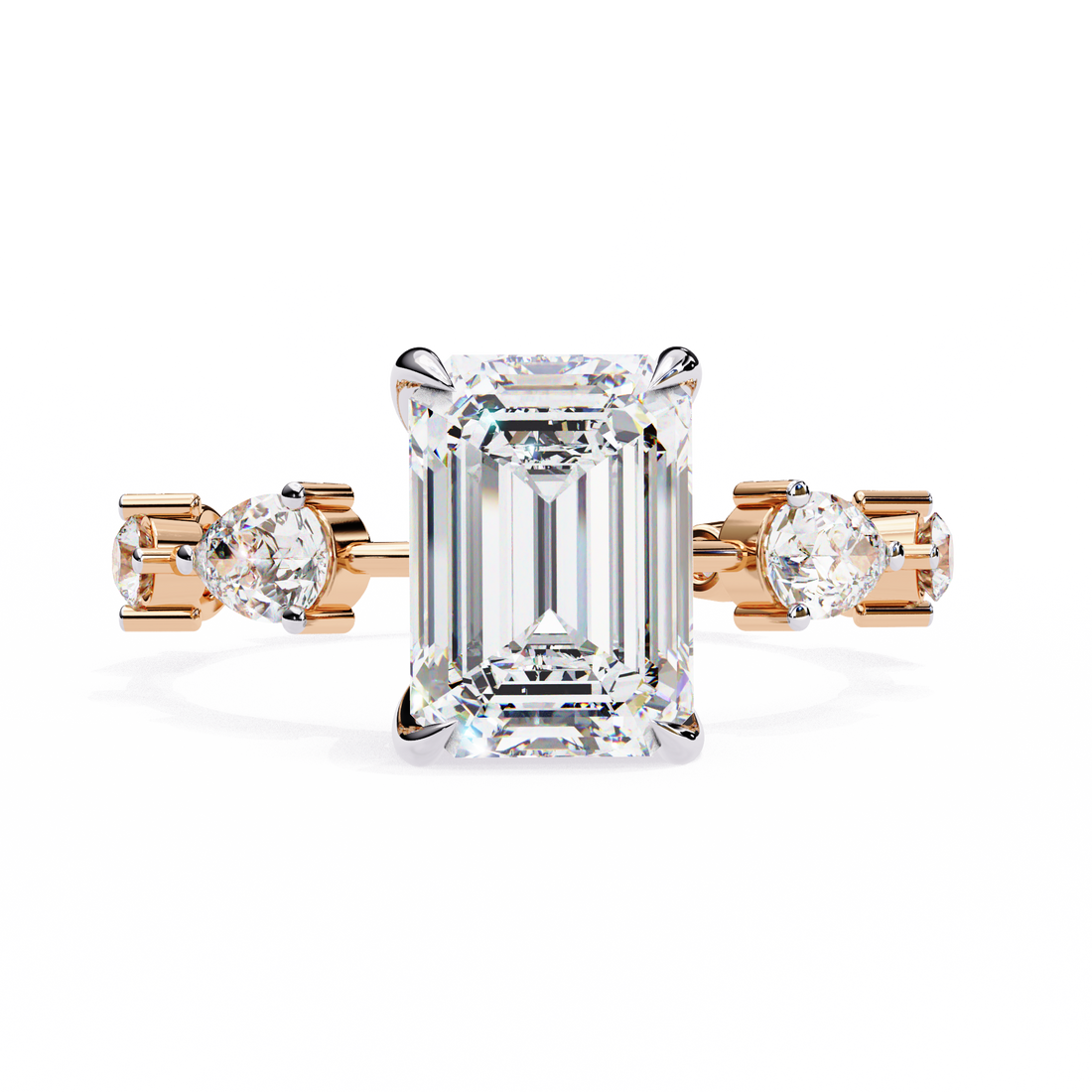 Emerald Cut Lab Grown Diamond Ring with Pear and Round Side Stones