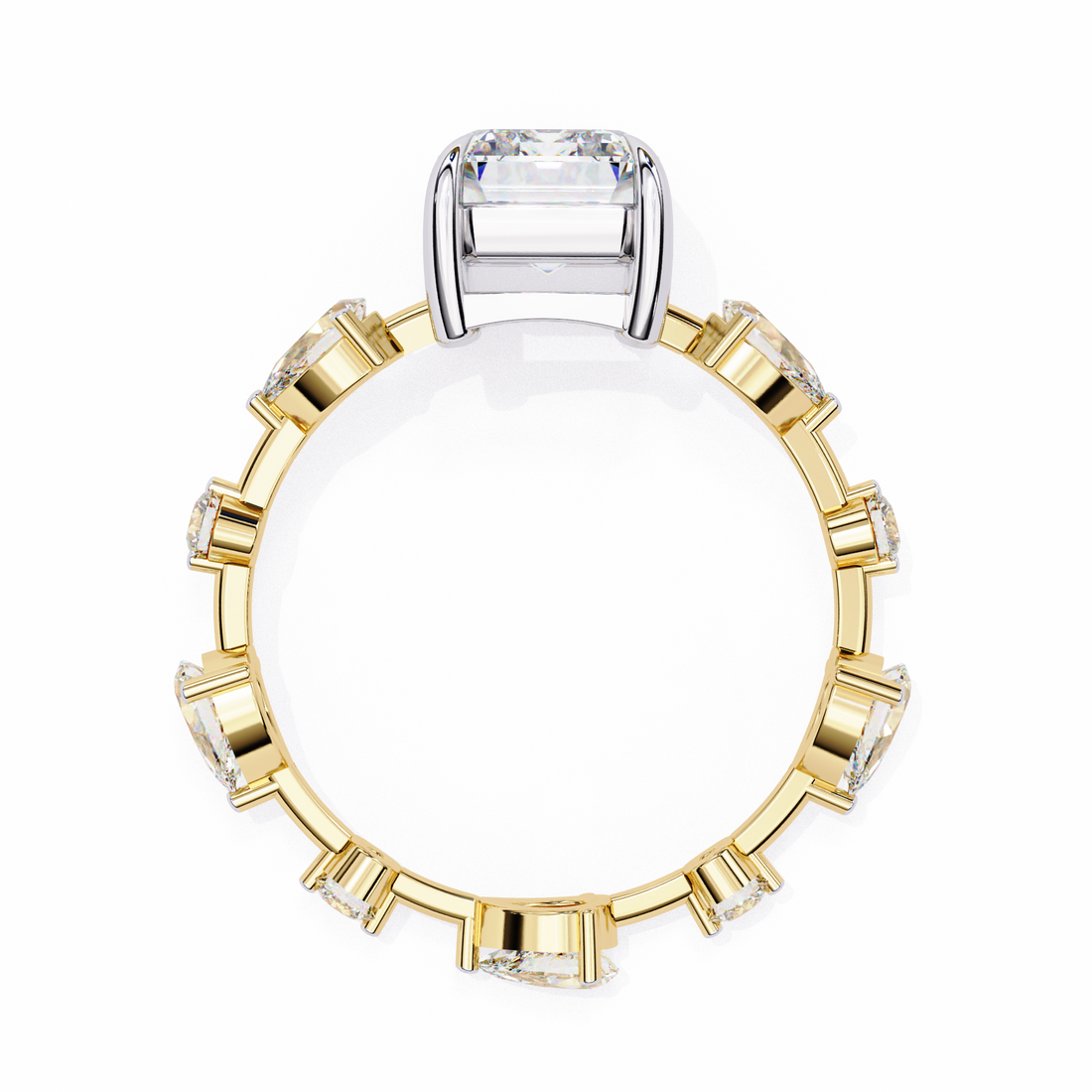 Emerald Cut Lab Grown Diamond Ring with Pear and Round Side Stones