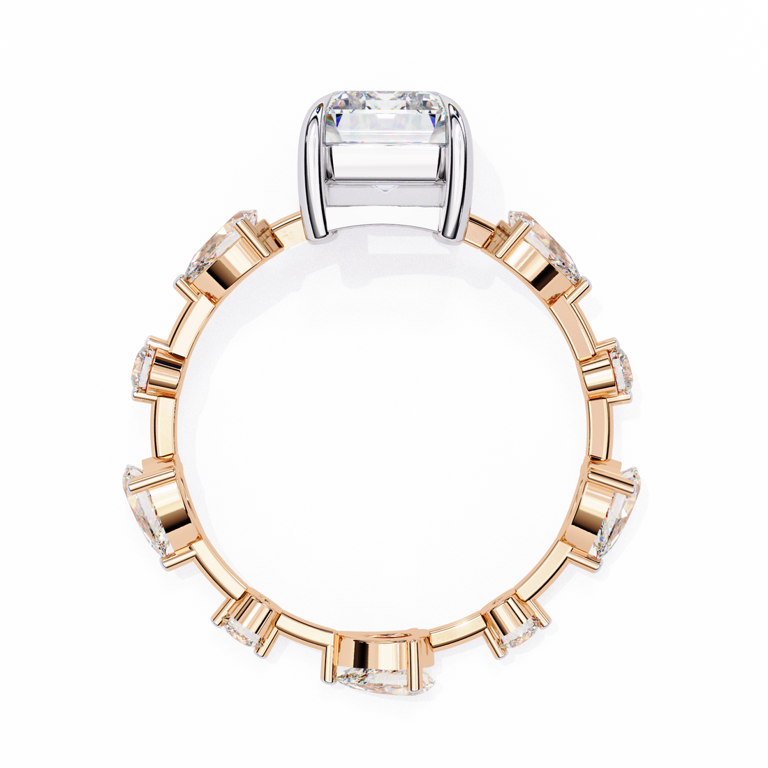 Emerald Cut Lab Grown Diamond Ring with Pear and Round Side Stones