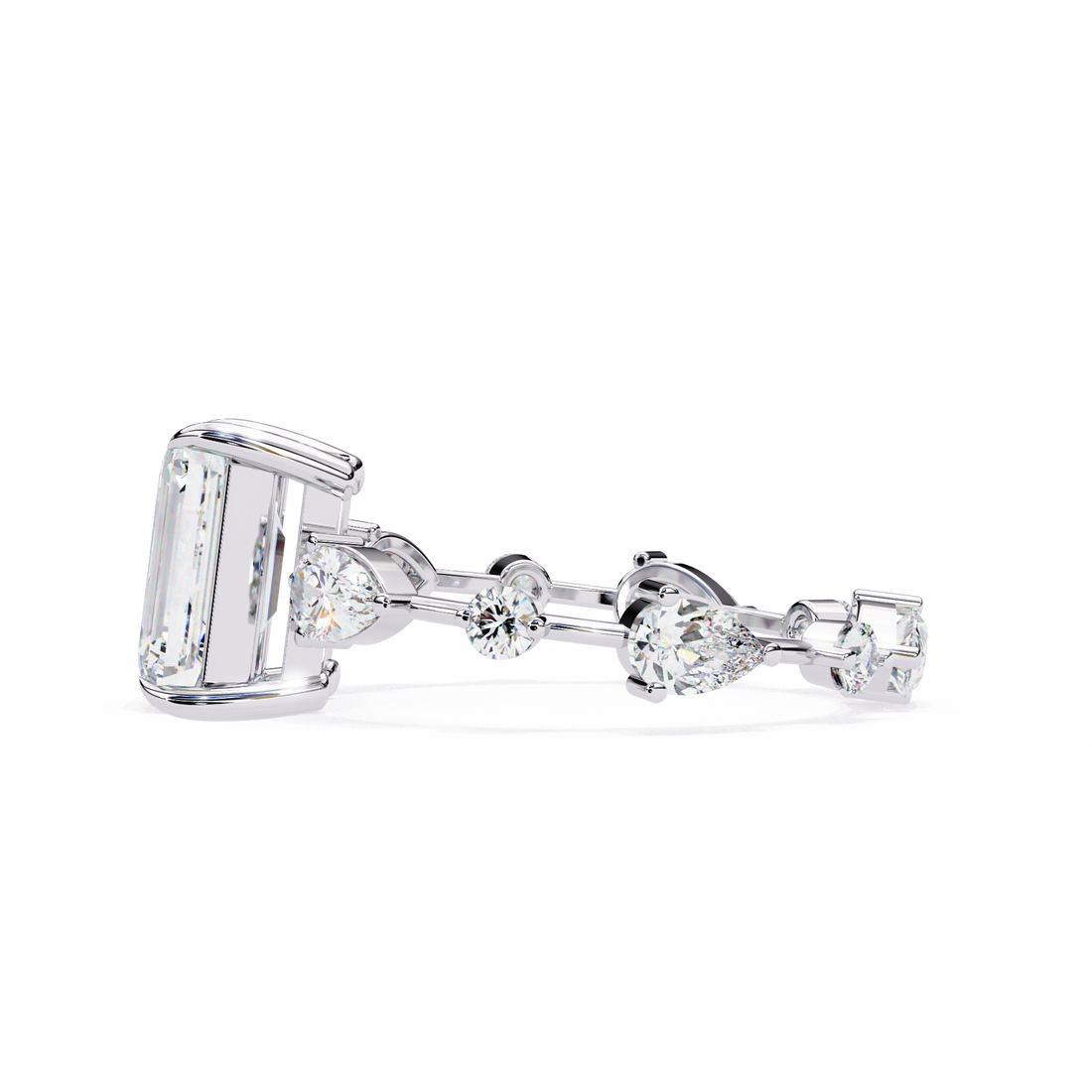 Emerald Cut Lab Grown Diamond Ring with Pear and Round Side Stones