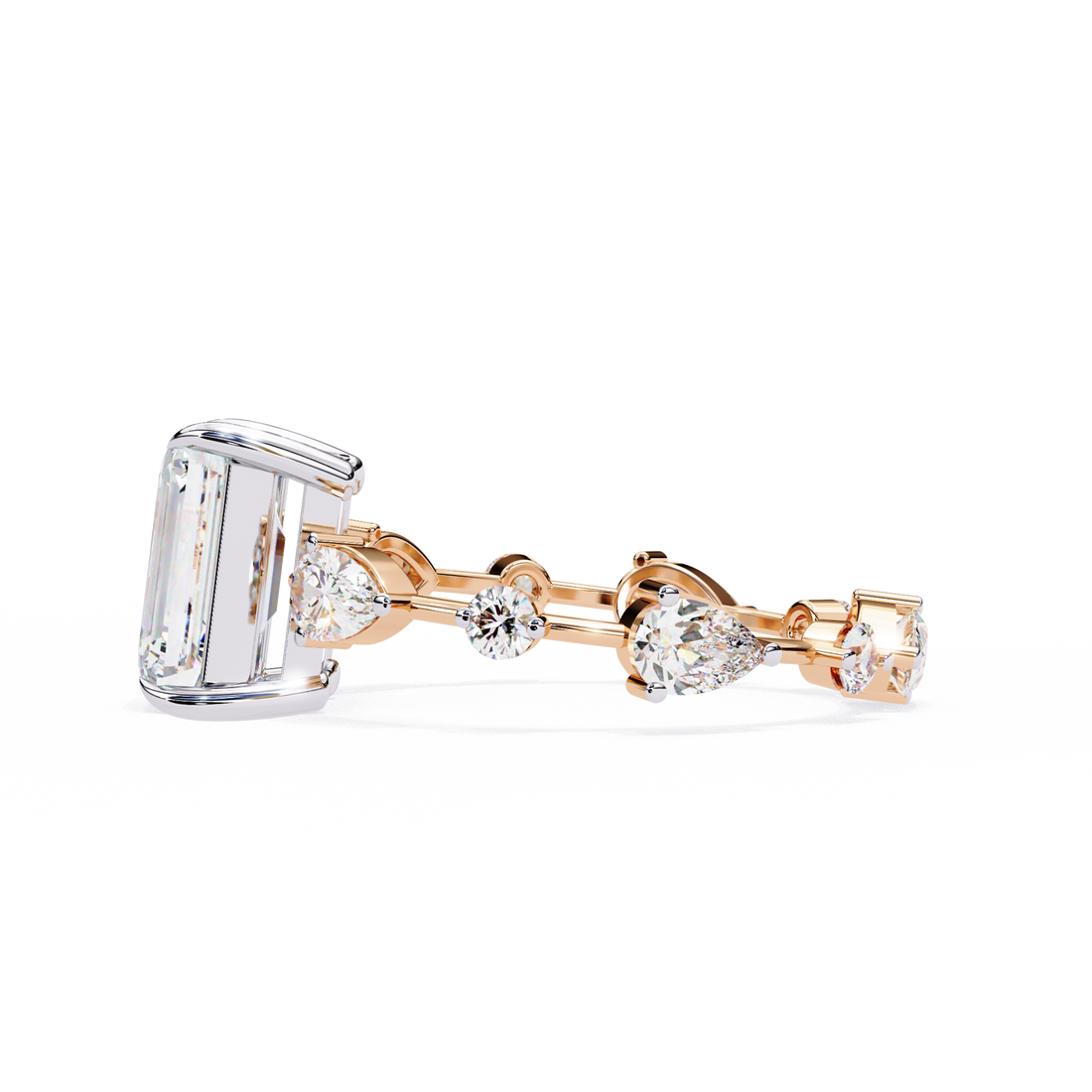 Emerald Cut Lab Grown Diamond Ring with Pear and Round Side Stones