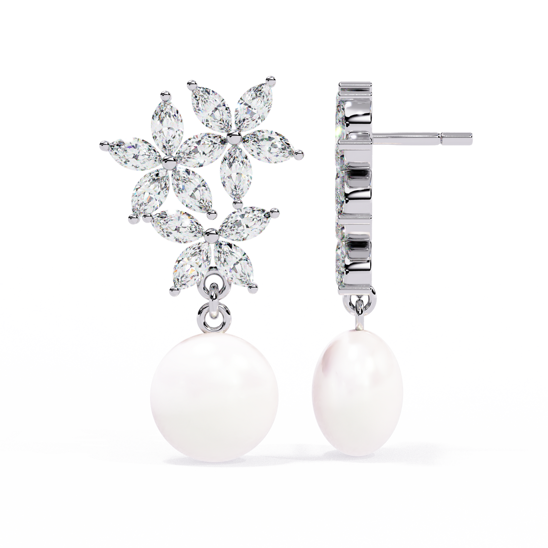 925 silver Floral Diamond Pearl Drop Earrings – Lab Grown Gold Jewelry