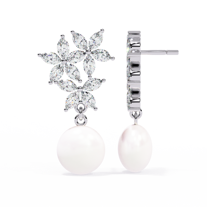 925 silver Floral Diamond Pearl Drop Earrings – Lab Grown Gold Jewelry