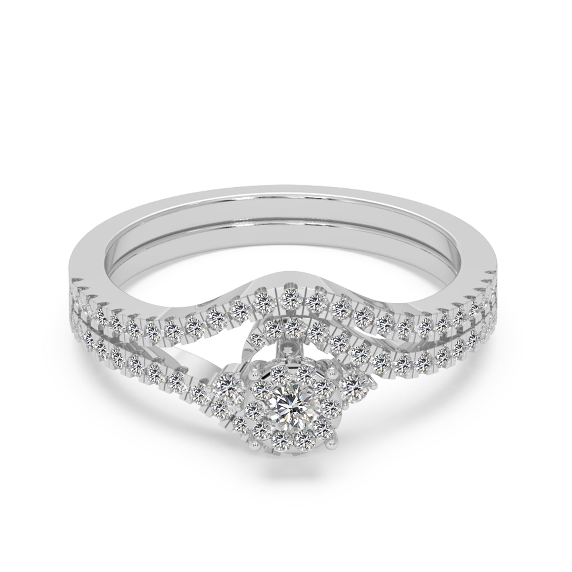 Lab-Grown Diamond Bridal Set – Round Cluster Ring with Chevron Band