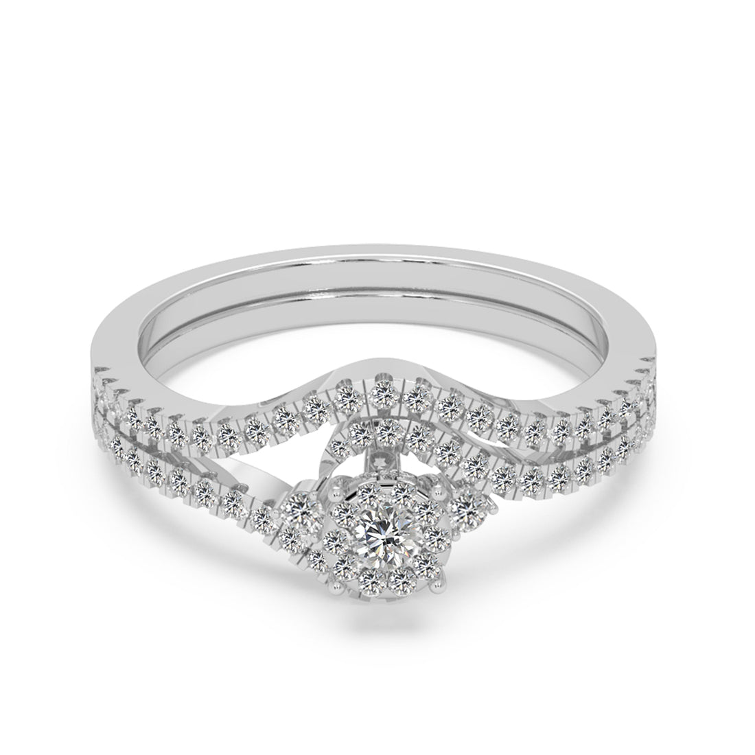 Lab-Grown Diamond Bridal Set – Round Cluster Ring with Chevron Band