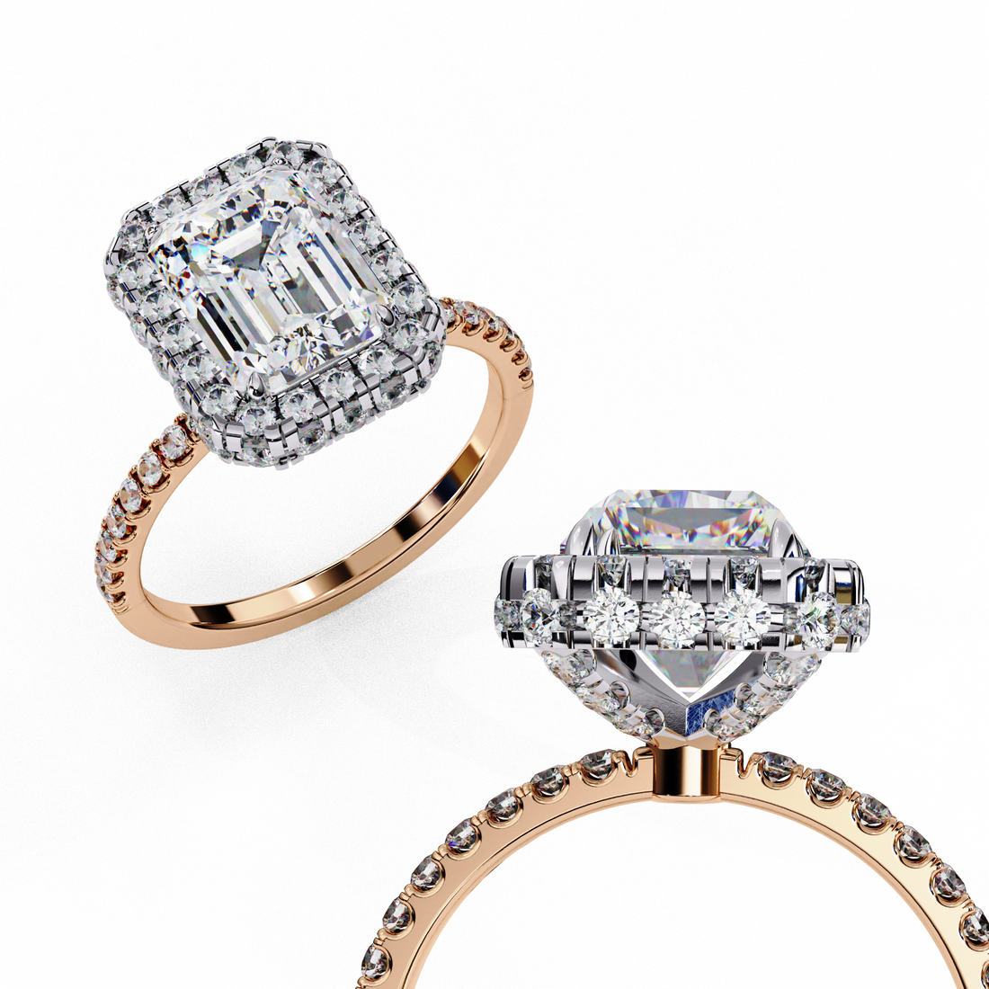 Classic Emerald Cut Solitaire Ring with Pave Band
