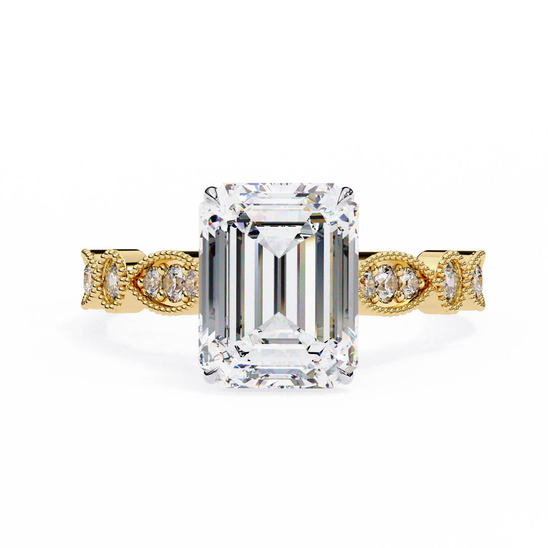 Emerald Cut Diamond Engagement Ring – Vintage Milgrain  Gold Setting
