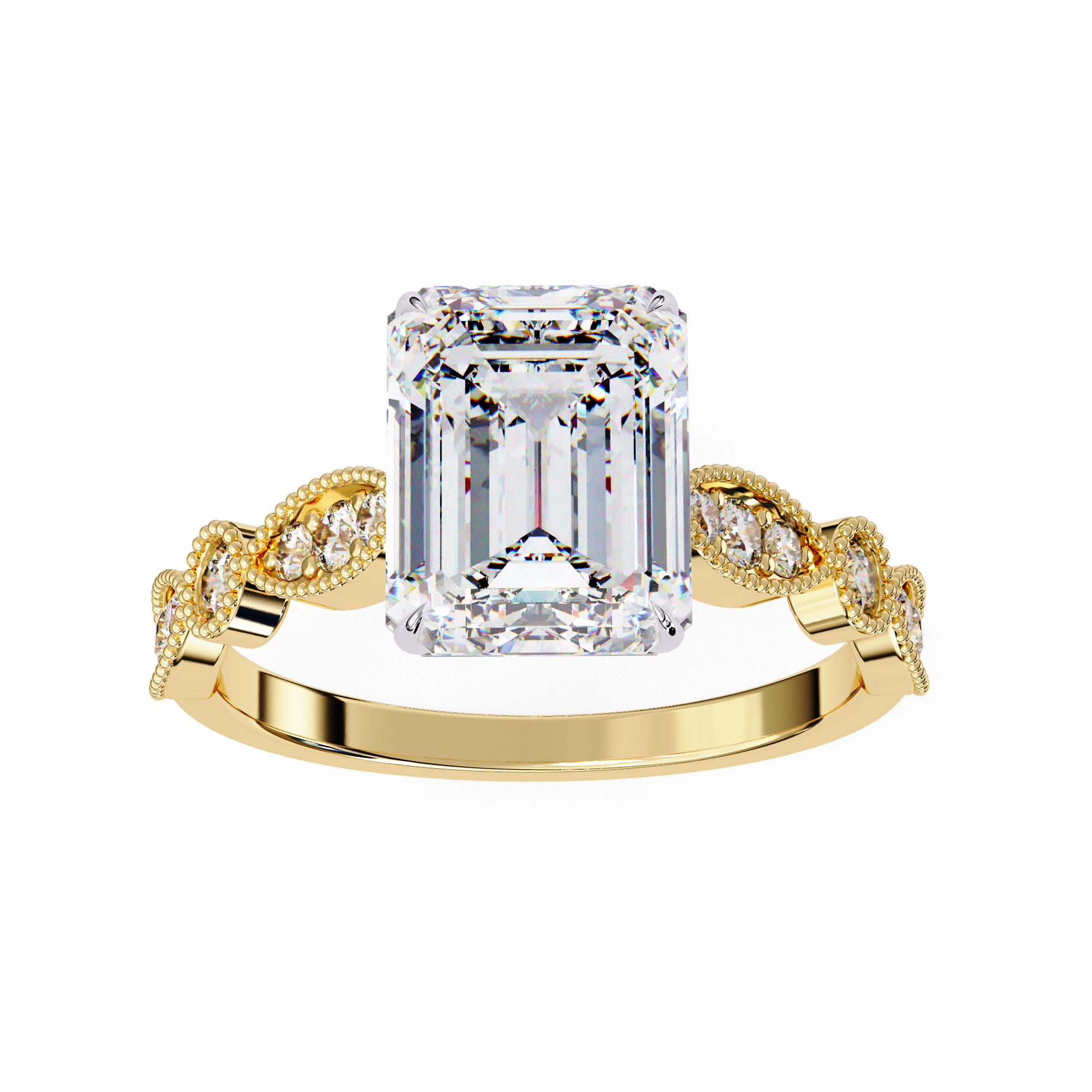 Emerald Cut Diamond Engagement Ring – Vintage Milgrain  Gold Setting