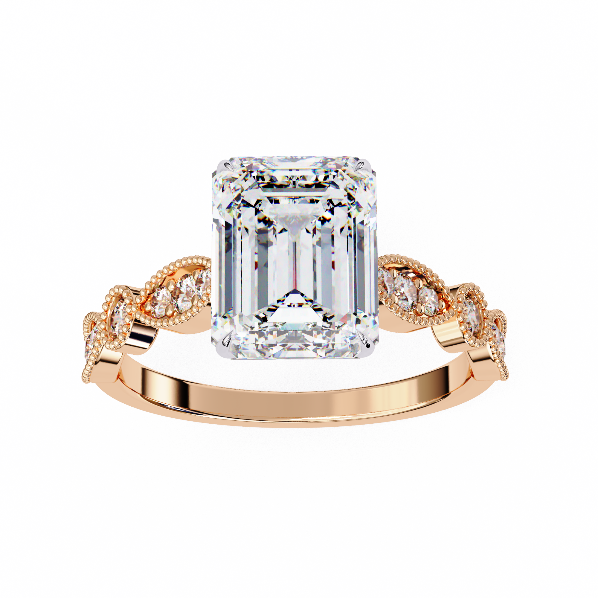 Emerald Cut Diamond Engagement Ring – Vintage Milgrain  Gold Setting