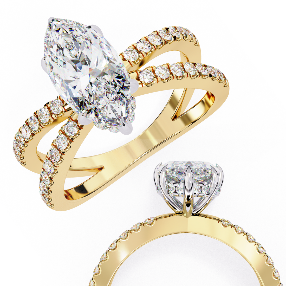 Modern Marquise Solitaire Ring with Diamond Split Shank