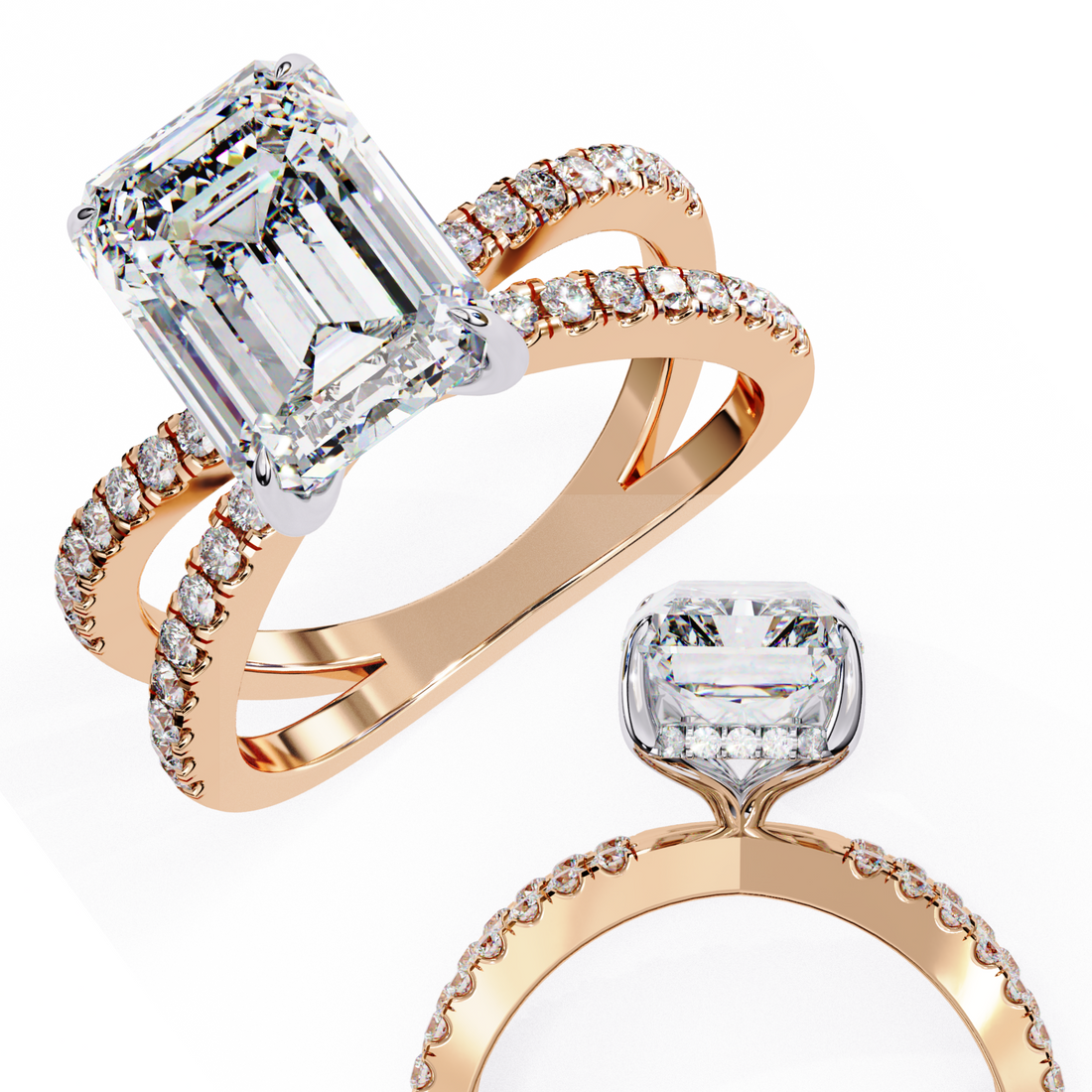 Modern Halo Emerald Solitaire Ring with Diamond Split Shank
