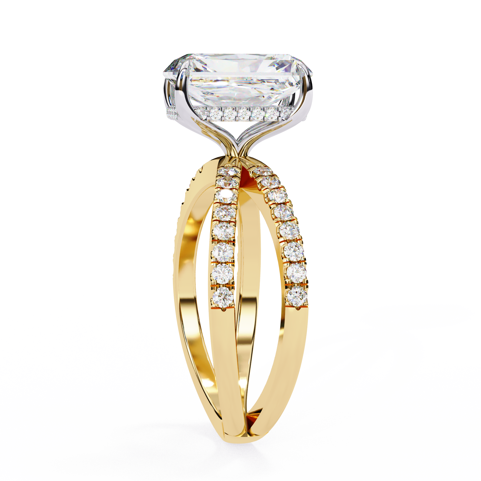 Modern Halo Emerald Solitaire Ring with Diamond Split Shank